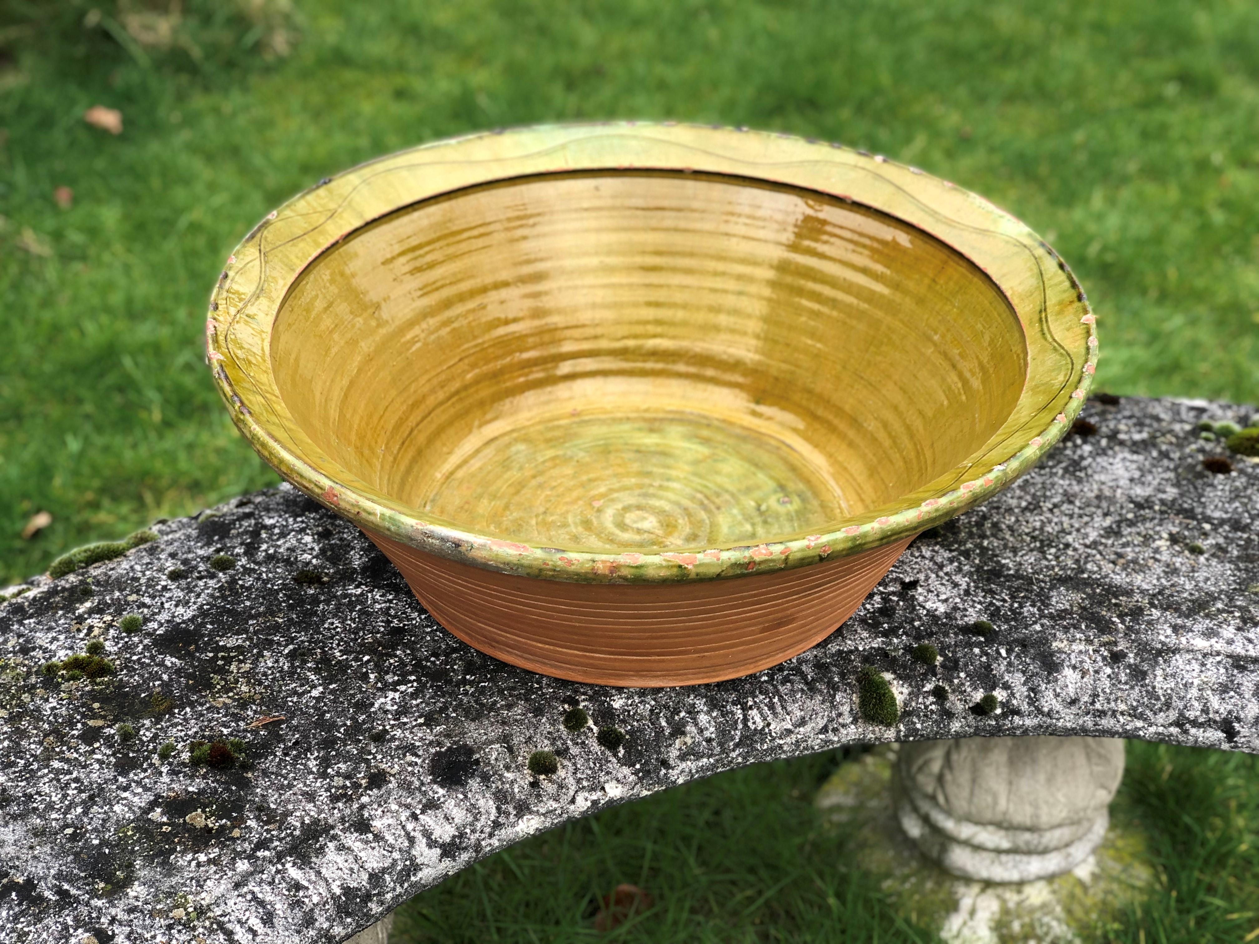 Large Terracotta Bowl, Green Glazed Olive Bowl For Sale 13