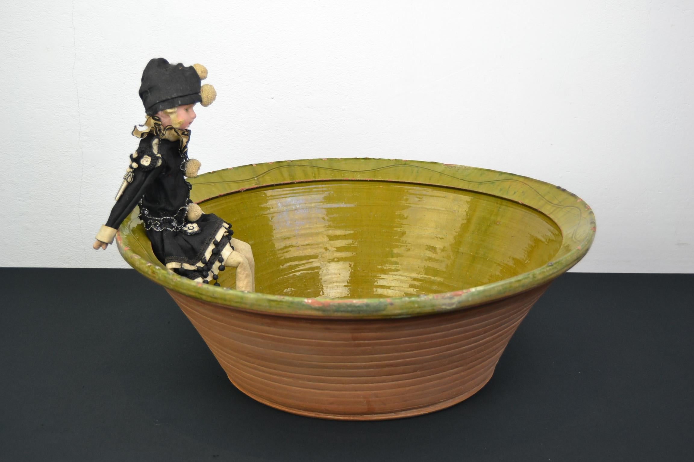 Modern Large Terracotta Bowl, Green Glazed Olive Bowl For Sale