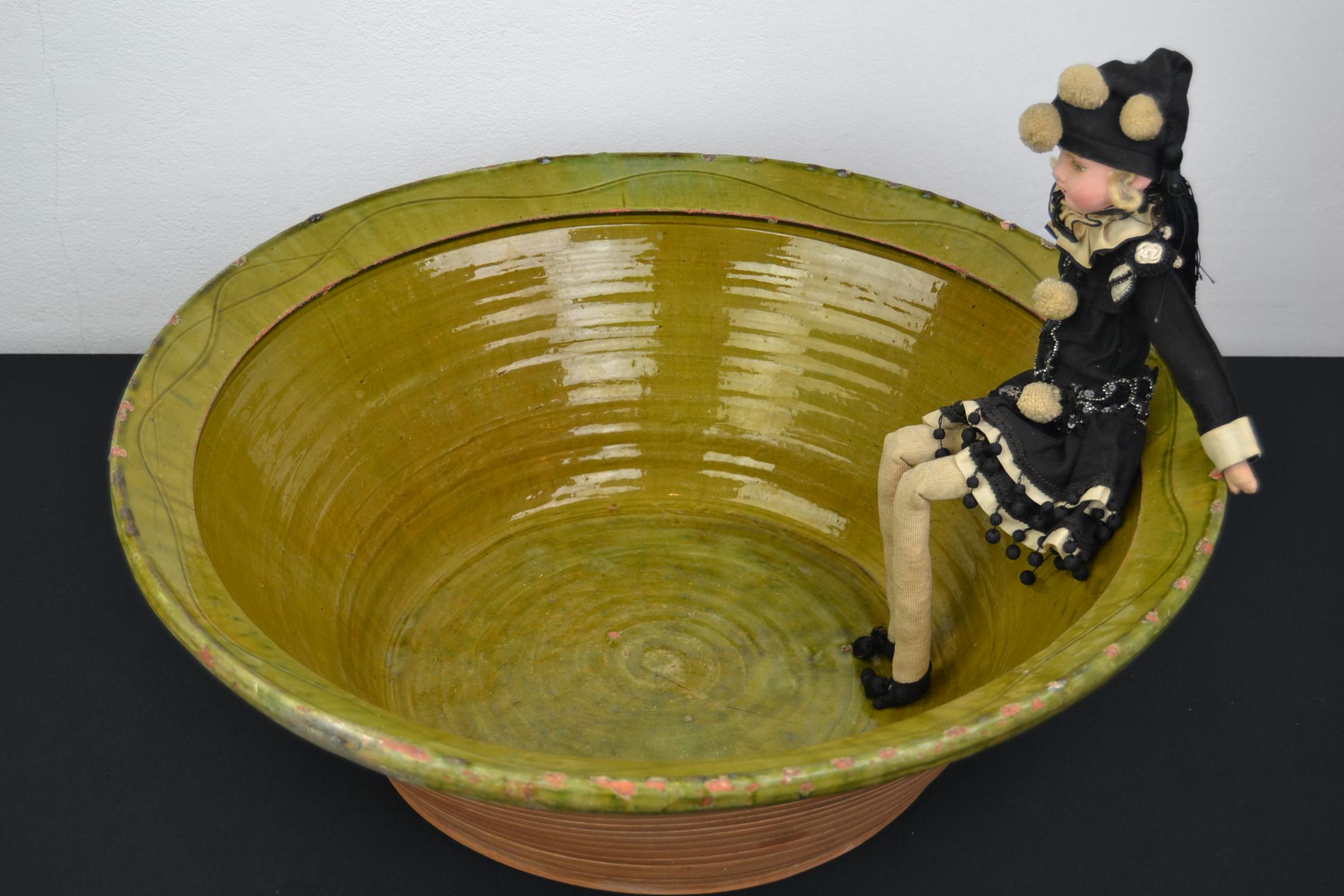 20th Century Large Terracotta Bowl, Green Glazed Olive Bowl For Sale