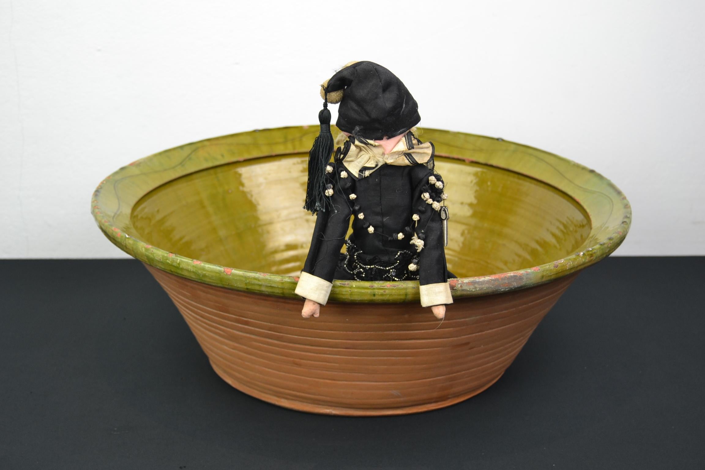Large Terracotta Bowl, Green Glazed Olive Bowl For Sale 1