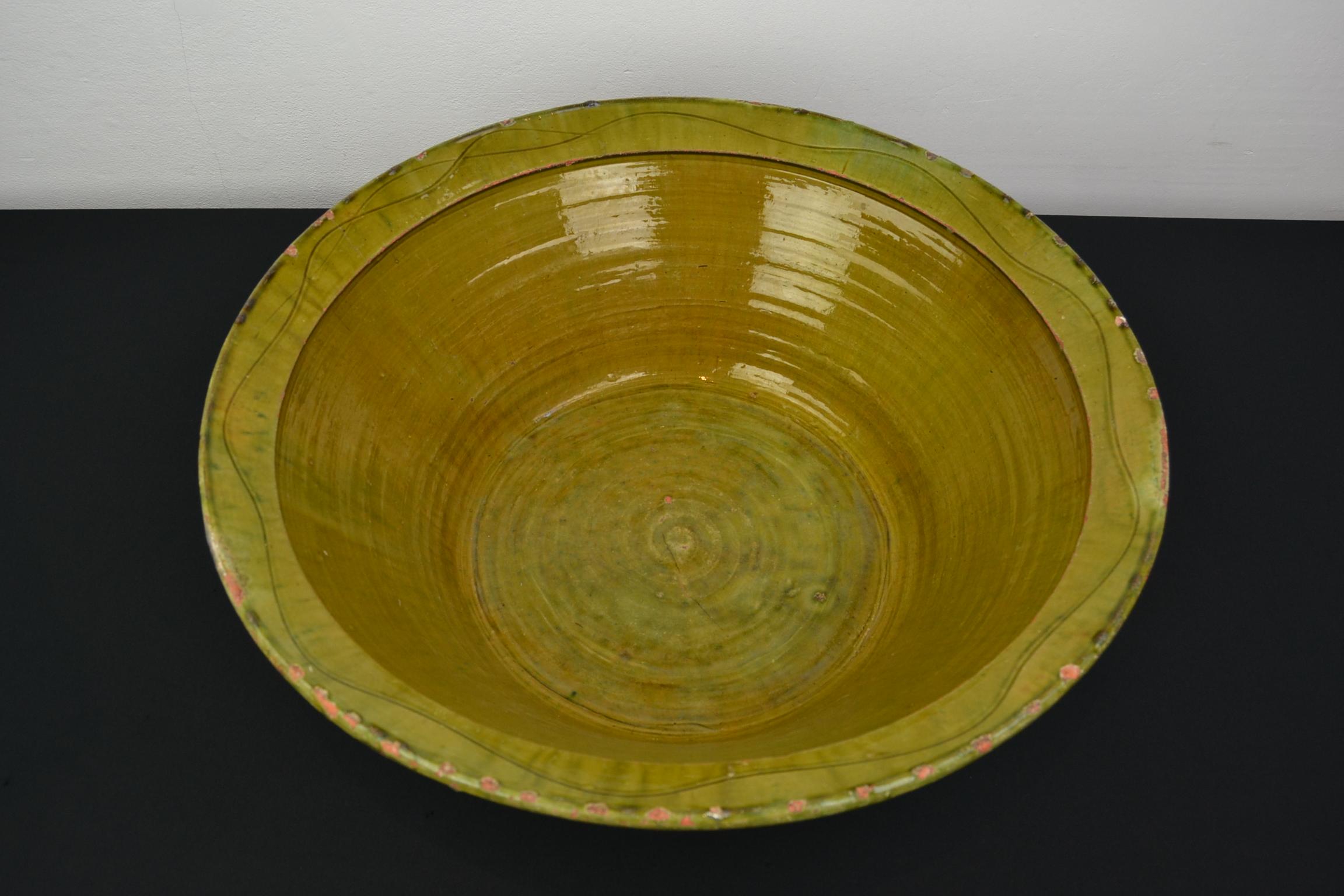 Large Terracotta Bowl, Green Glazed Olive Bowl For Sale 3