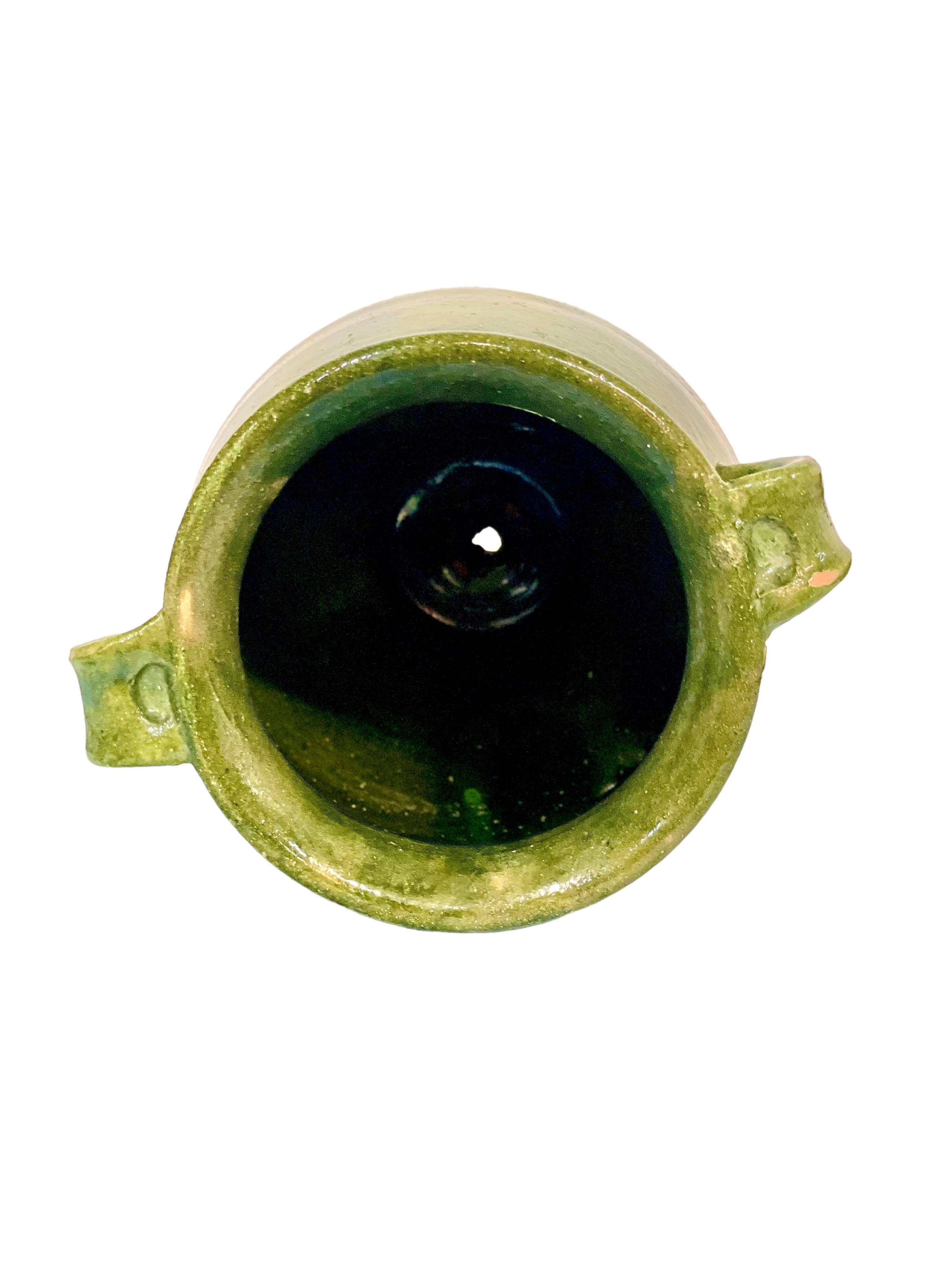 French Green Glazed Terracotta Confit Pot with Two Handles