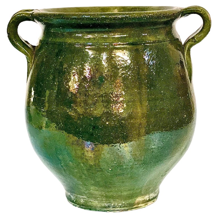 Green Glazed Terracotta Confit Pot with Two Handles For Sale at 1stDibs