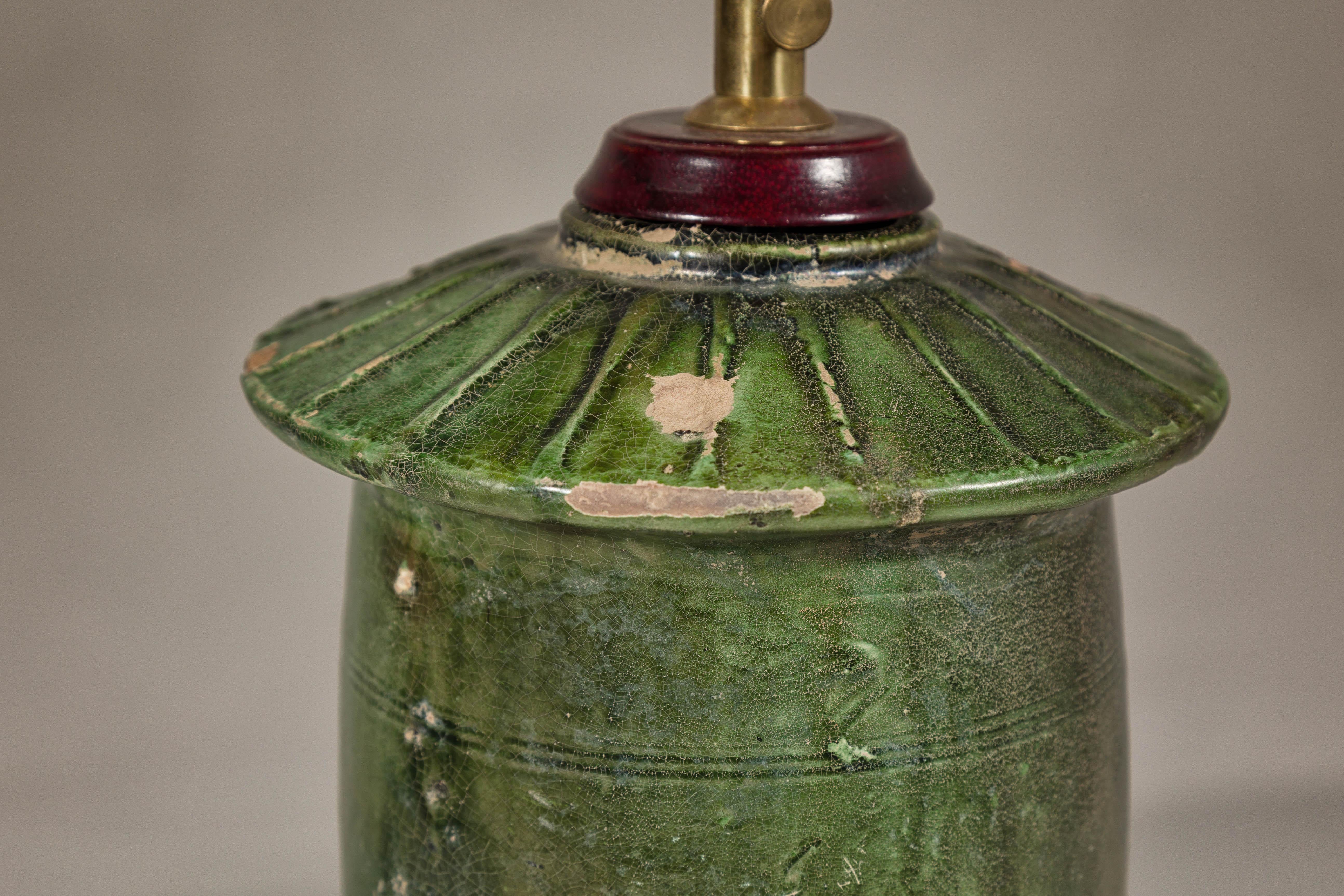 Green Glazed Terracotta Granary Model  Made into Table Lamp on Circular Base For Sale 7