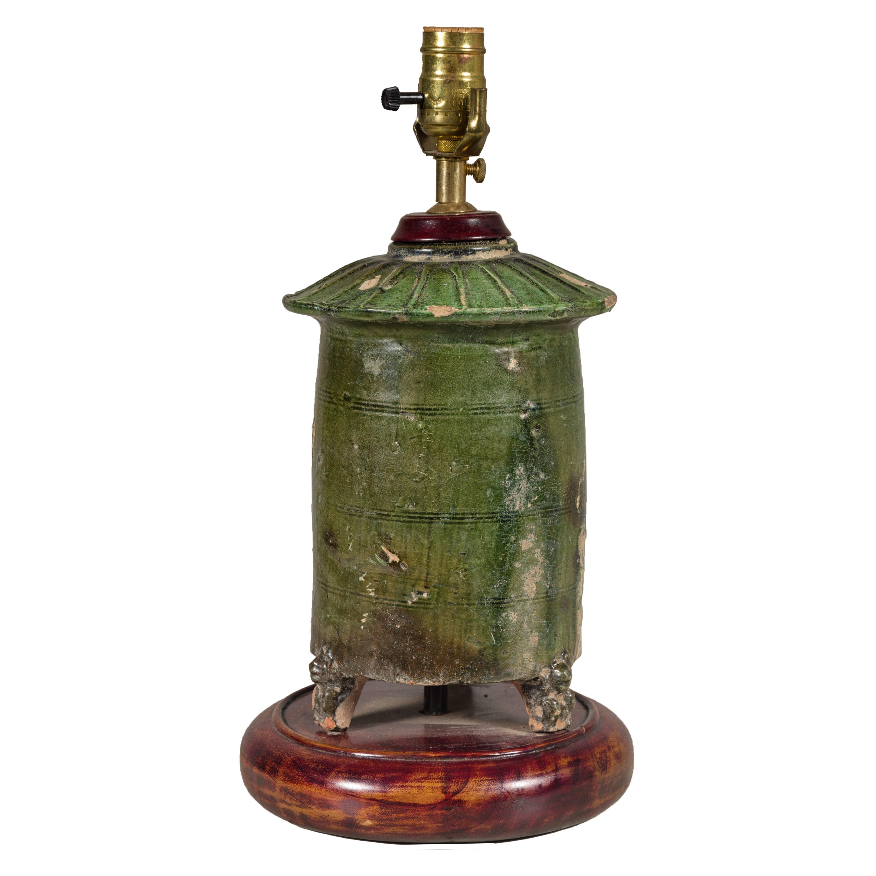 Green Glazed Terracotta Granary Model  Made into Table Lamp on Circular Base For Sale 9