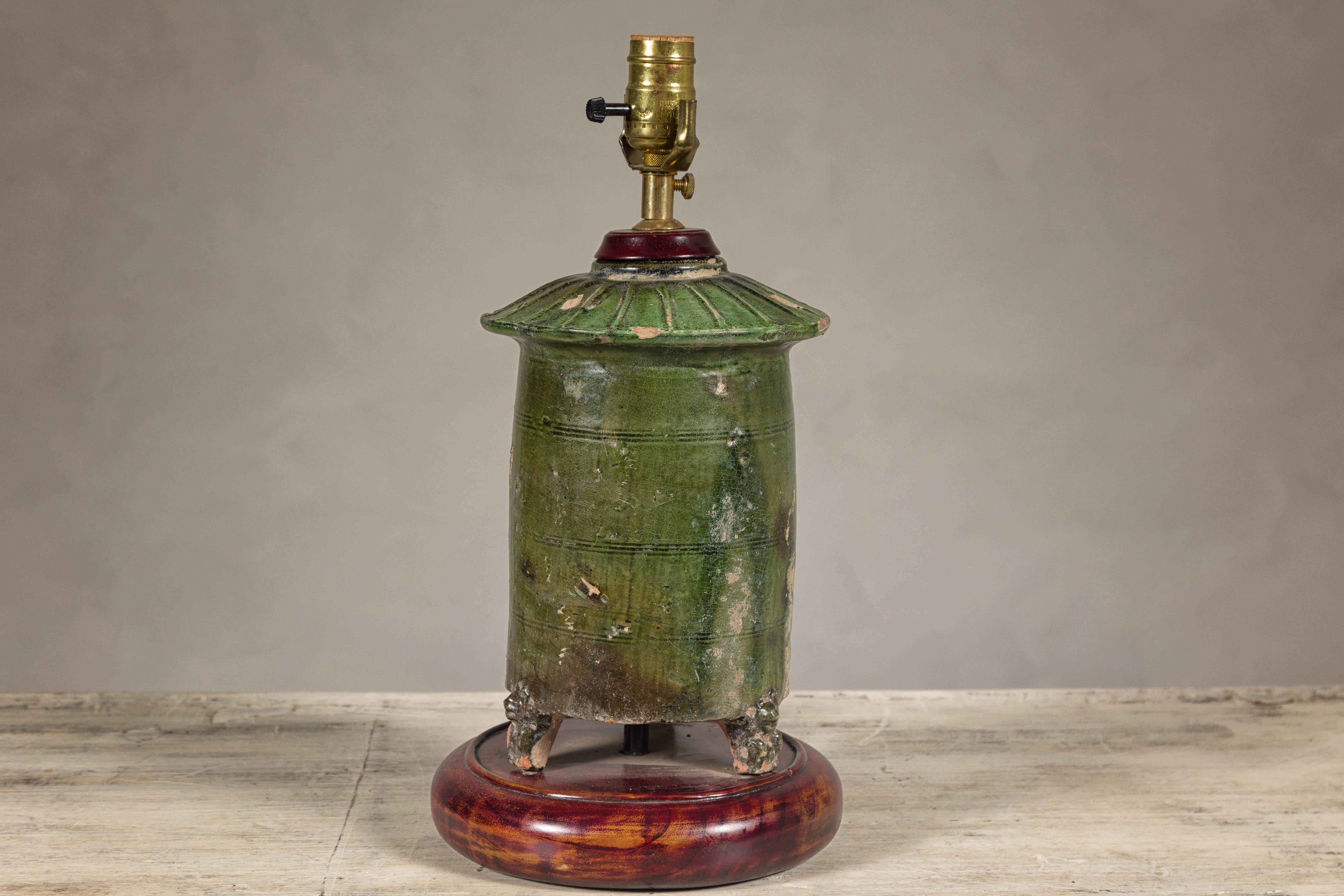 Chinese Green Glazed Terracotta Granary Model  Made into Table Lamp on Circular Base For Sale