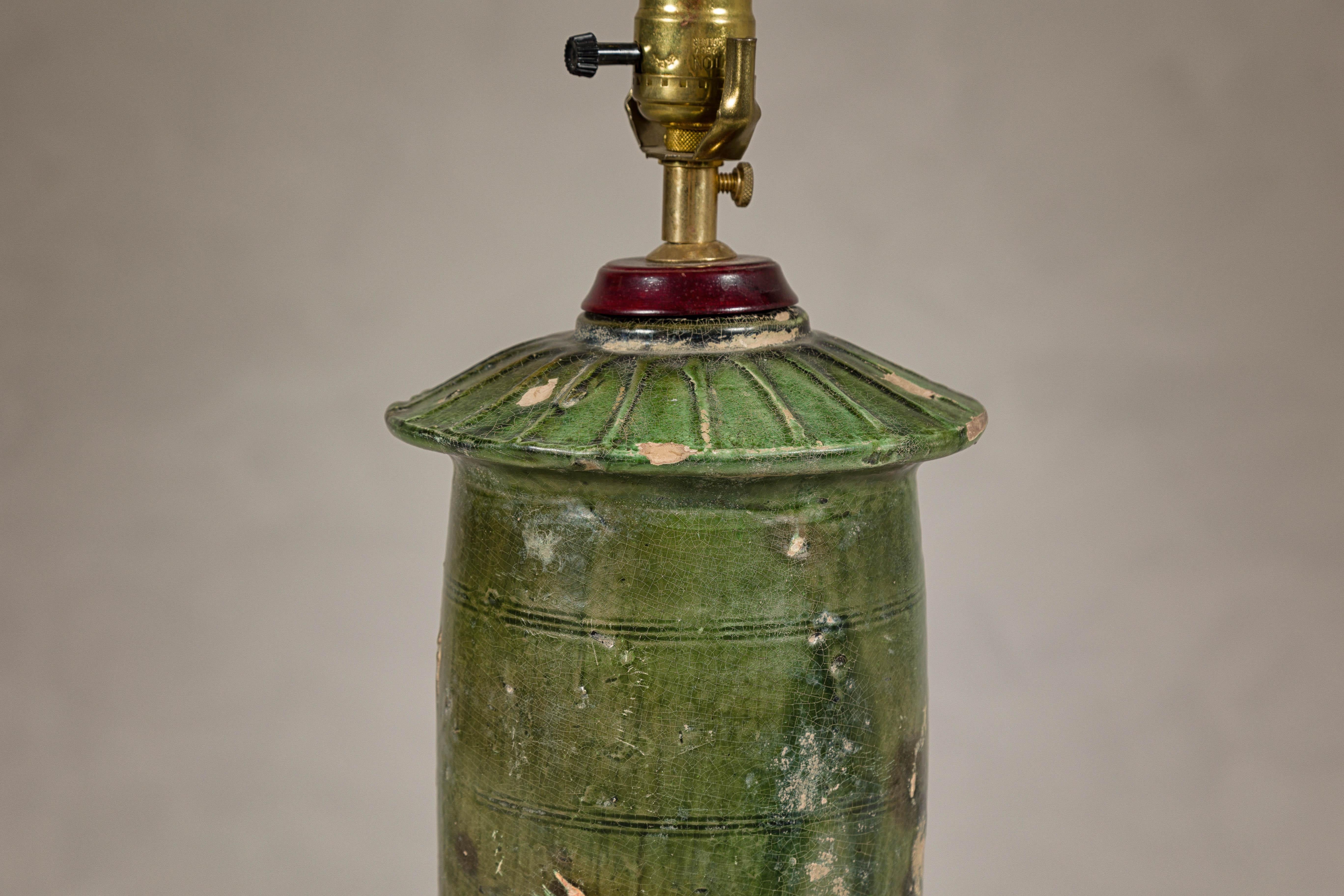 Green Glazed Terracotta Granary Model  Made into Table Lamp on Circular Base In Good Condition For Sale In Yonkers, NY