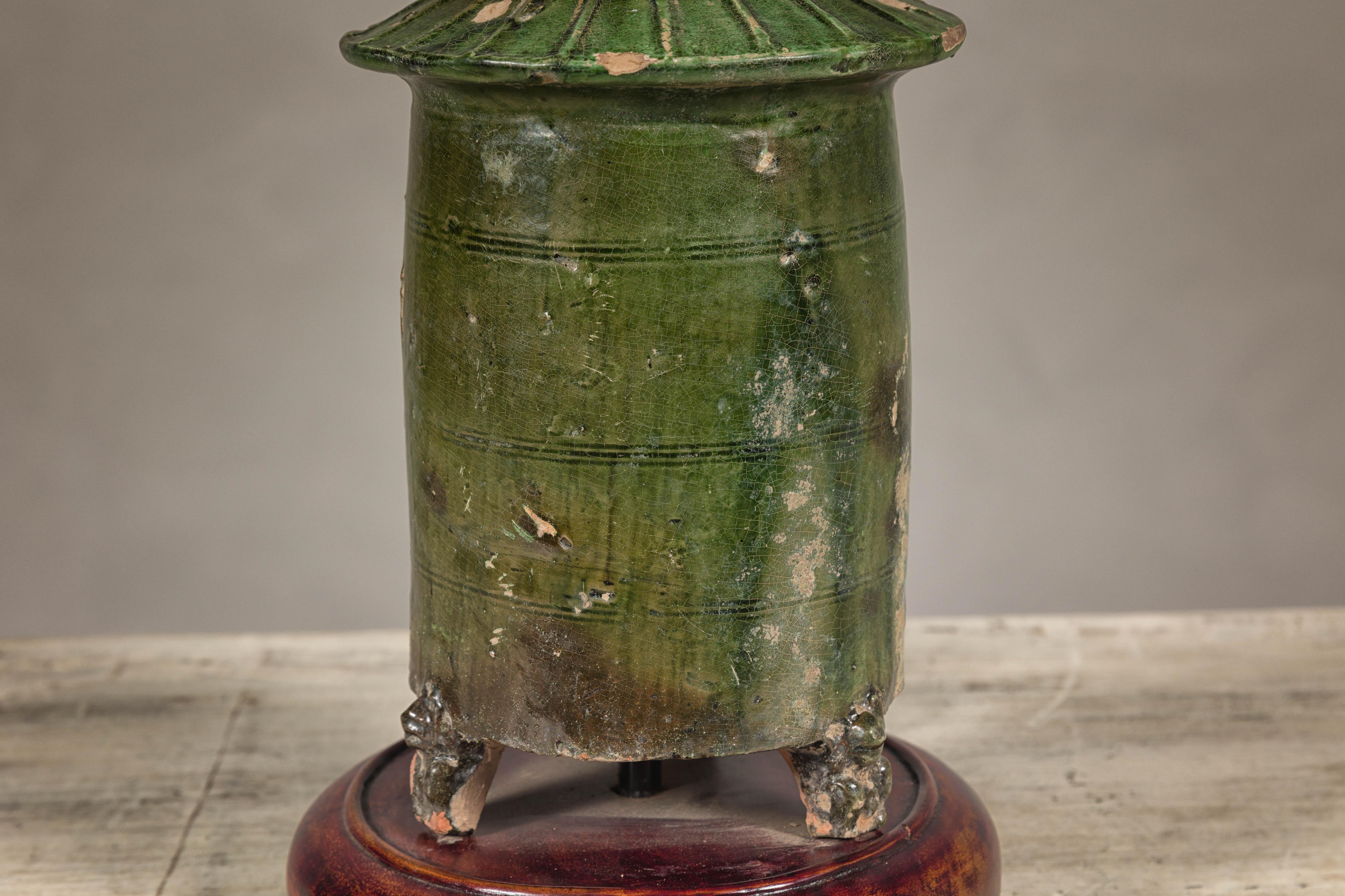 20th Century Green Glazed Terracotta Granary Model  Made into Table Lamp on Circular Base For Sale