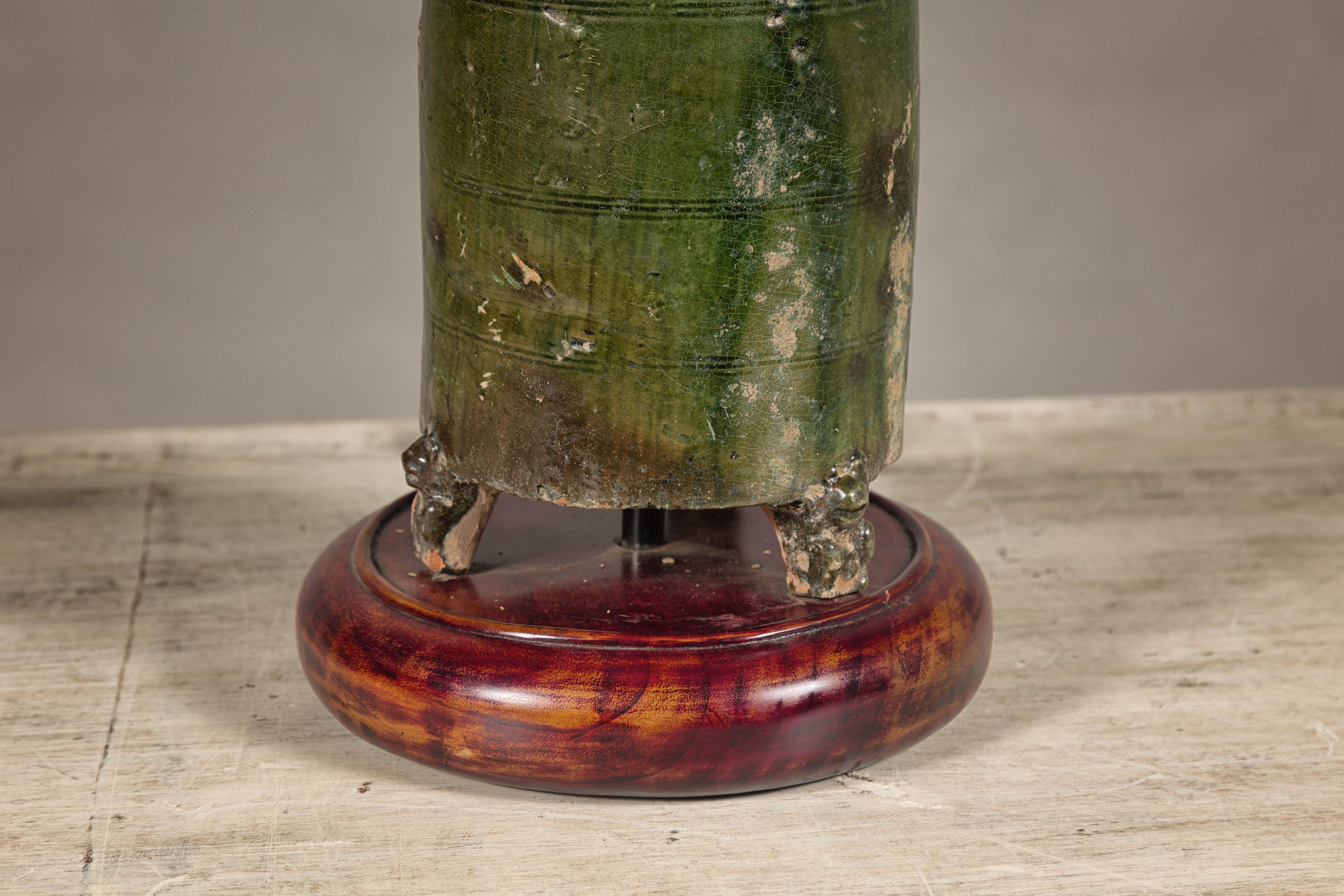 Green Glazed Terracotta Granary Model  Made into Table Lamp on Circular Base For Sale 1