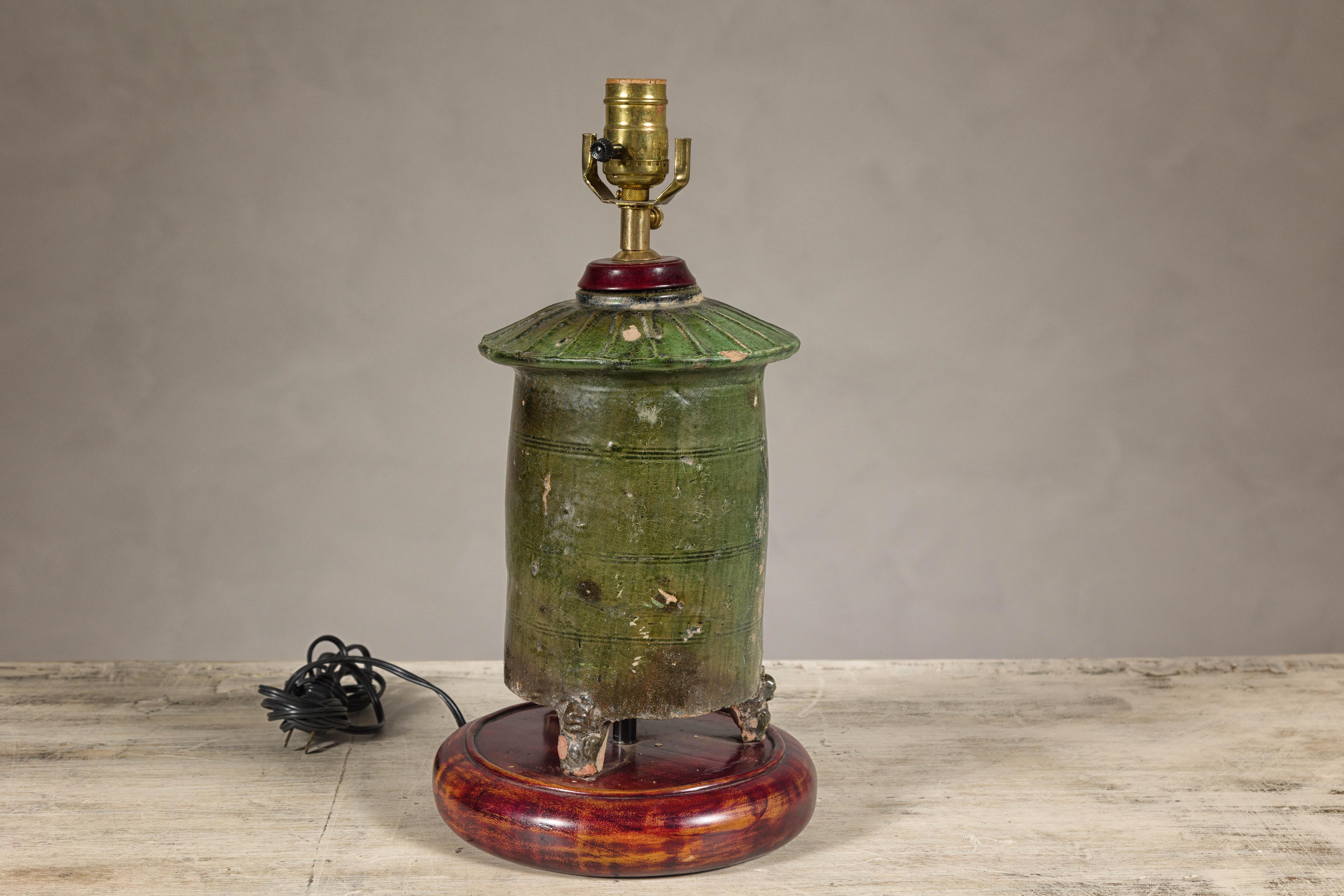 Green Glazed Terracotta Granary Model  Made into Table Lamp on Circular Base For Sale 2