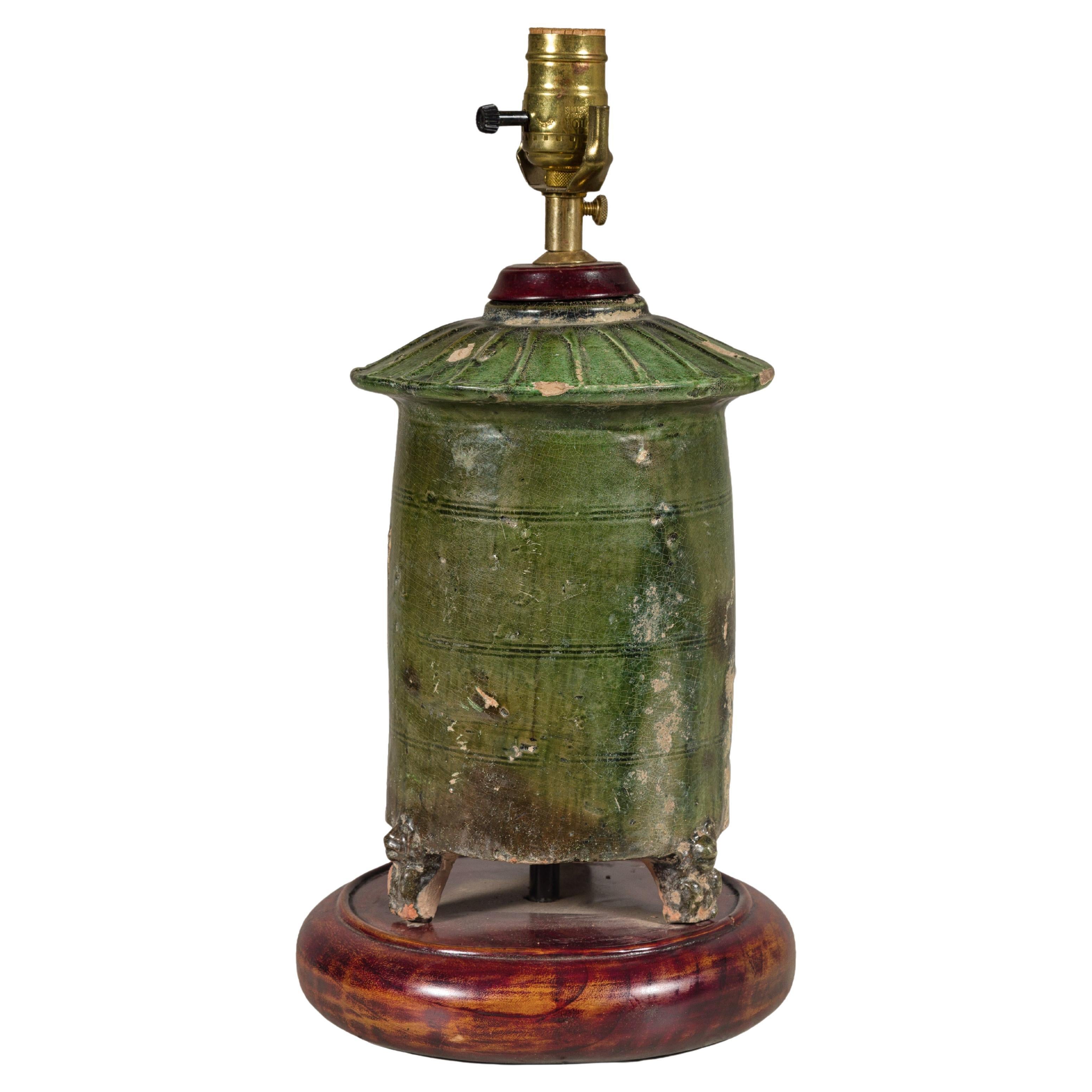 Green Glazed Terracotta Granary Model  Made into Table Lamp on Circular Base For Sale