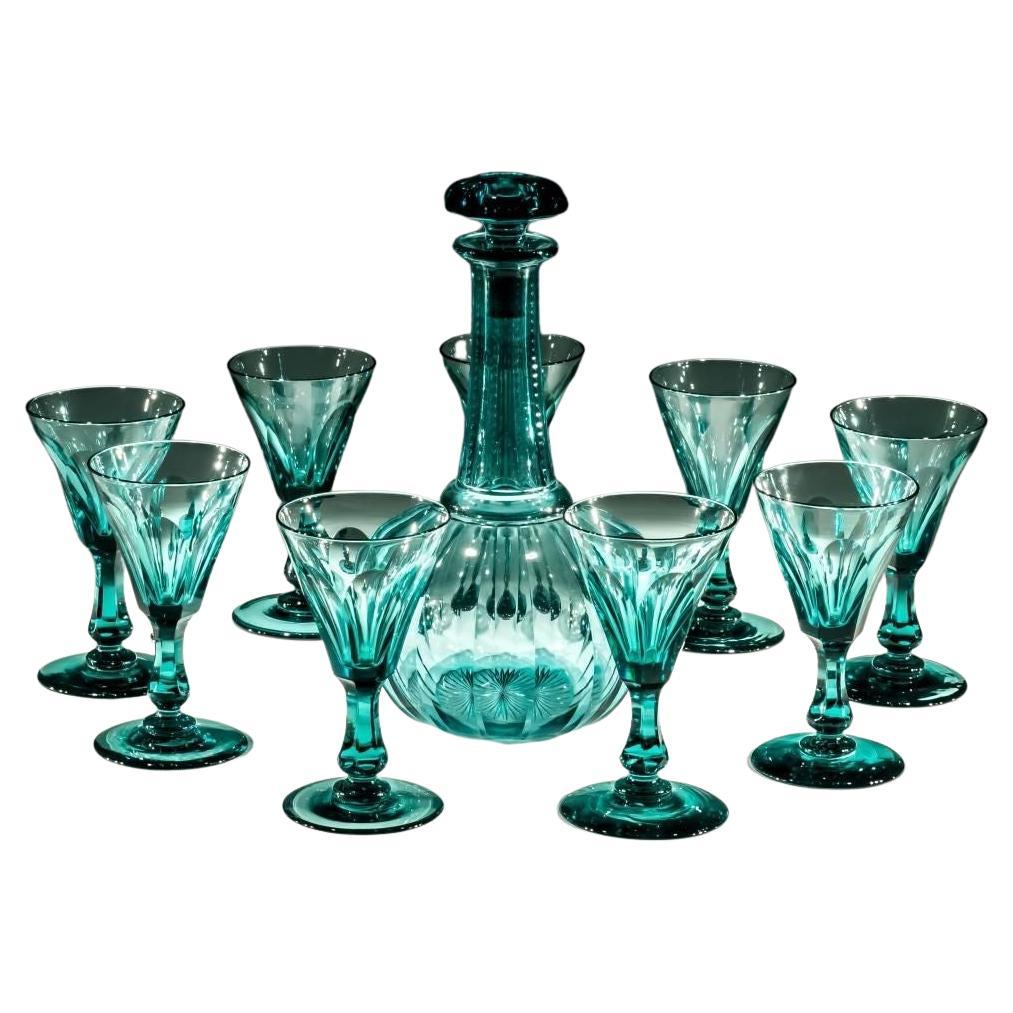 Green Globe Decanter with Nine Matching Glasses For Sale