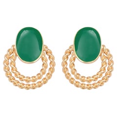 Green Glow Oval Button Double Golden Circular Twist Openwork Retro Clip Earrings