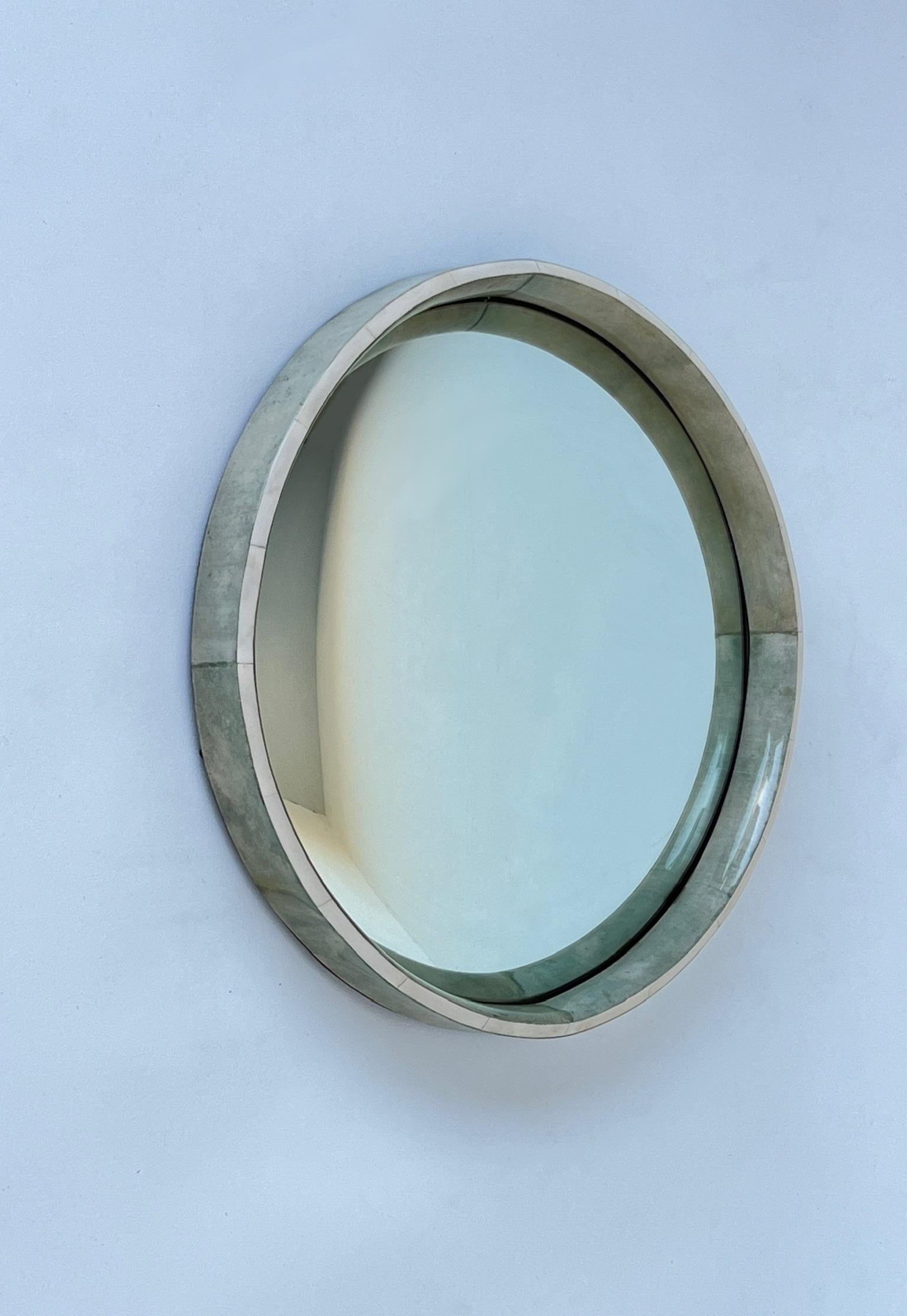 Green Goatskin Parchment and Bone Round Convex  Mirror by Aldo Tura  In Good Condition For Sale In Palm Springs, CA