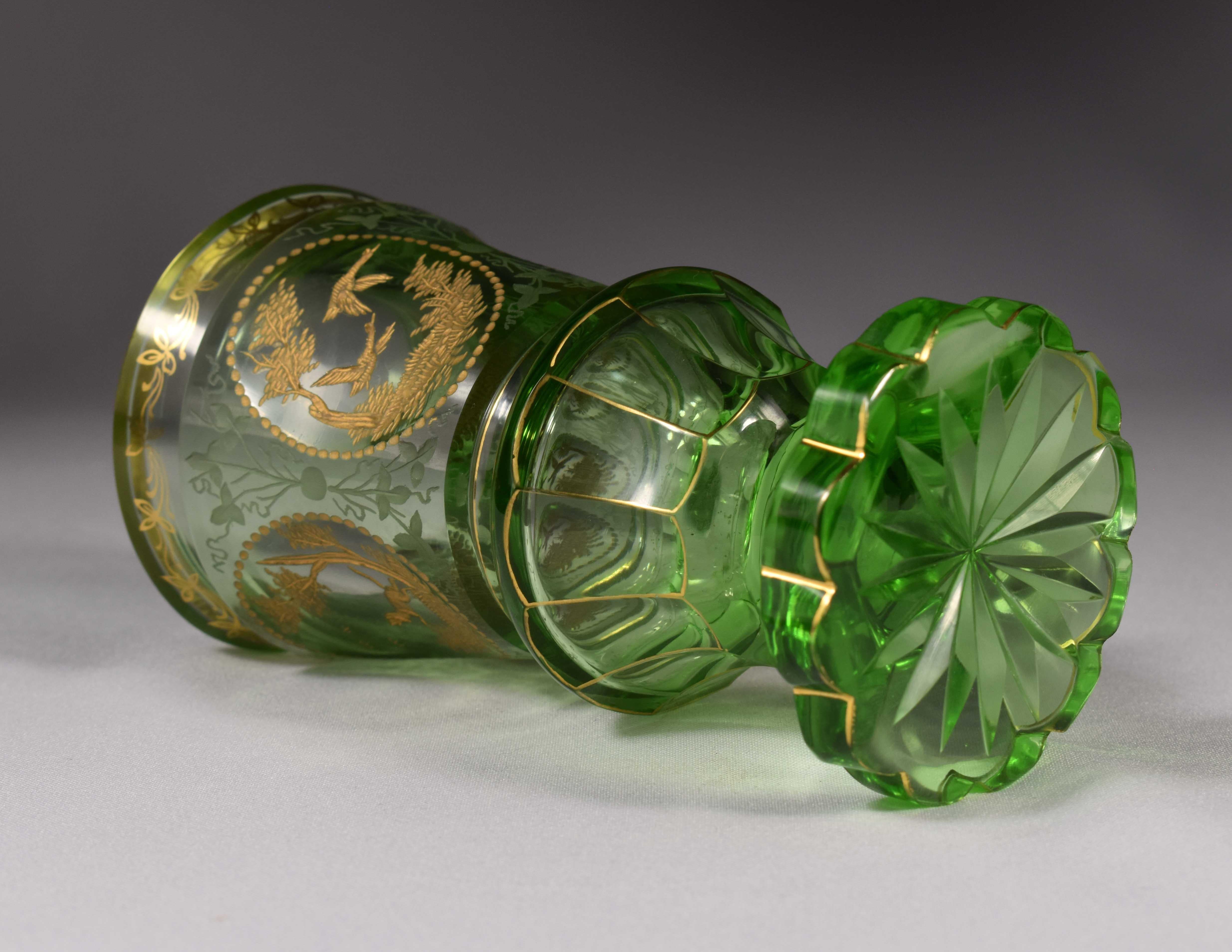 Green Goblet, Bohemian Glass, Engraved and Gilded 1
