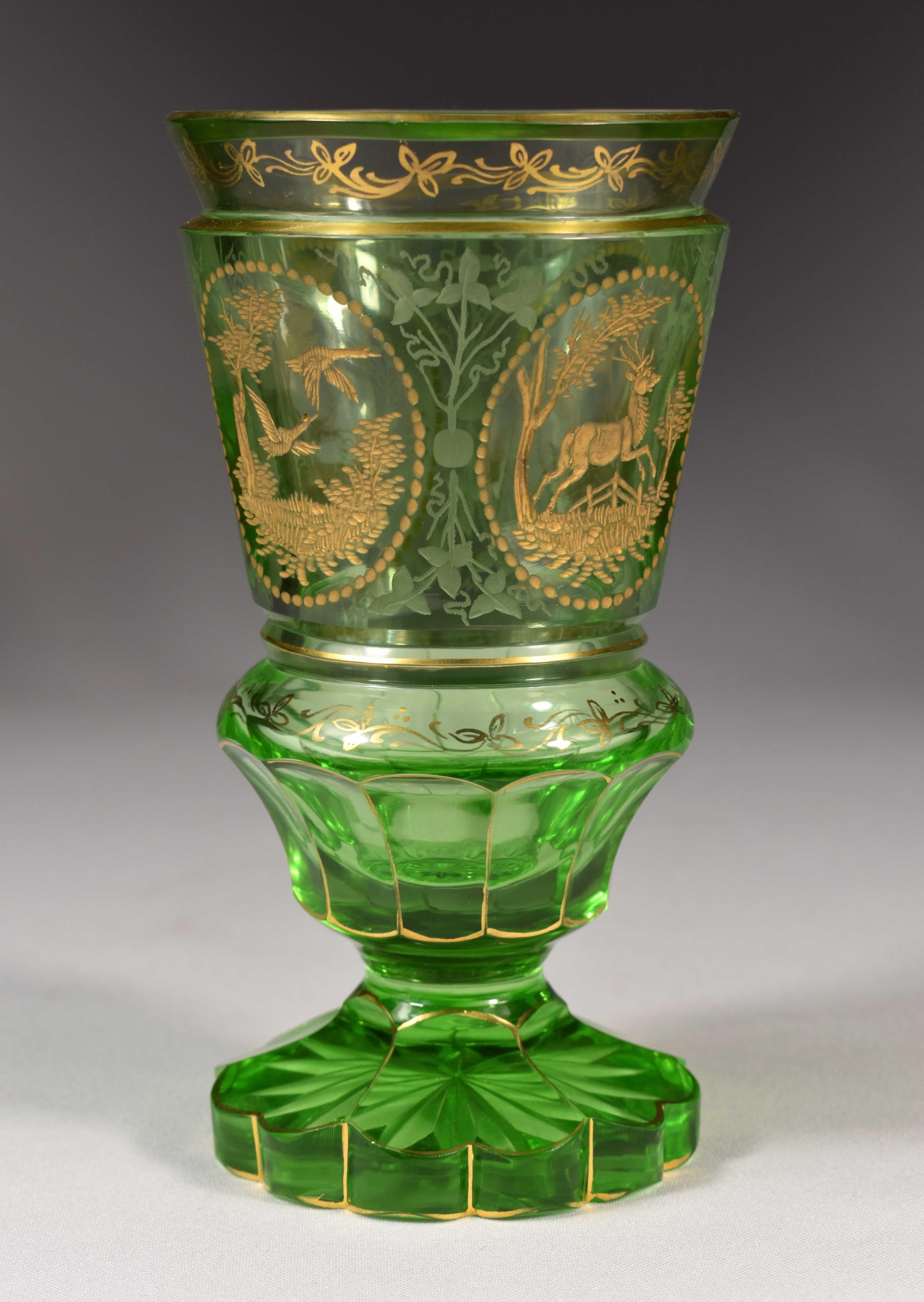 Beautiful cut engraved and gilded cup, hunting motifs, this is a Bohemian glass from the first half of the 20th century, the cup is undamaged.