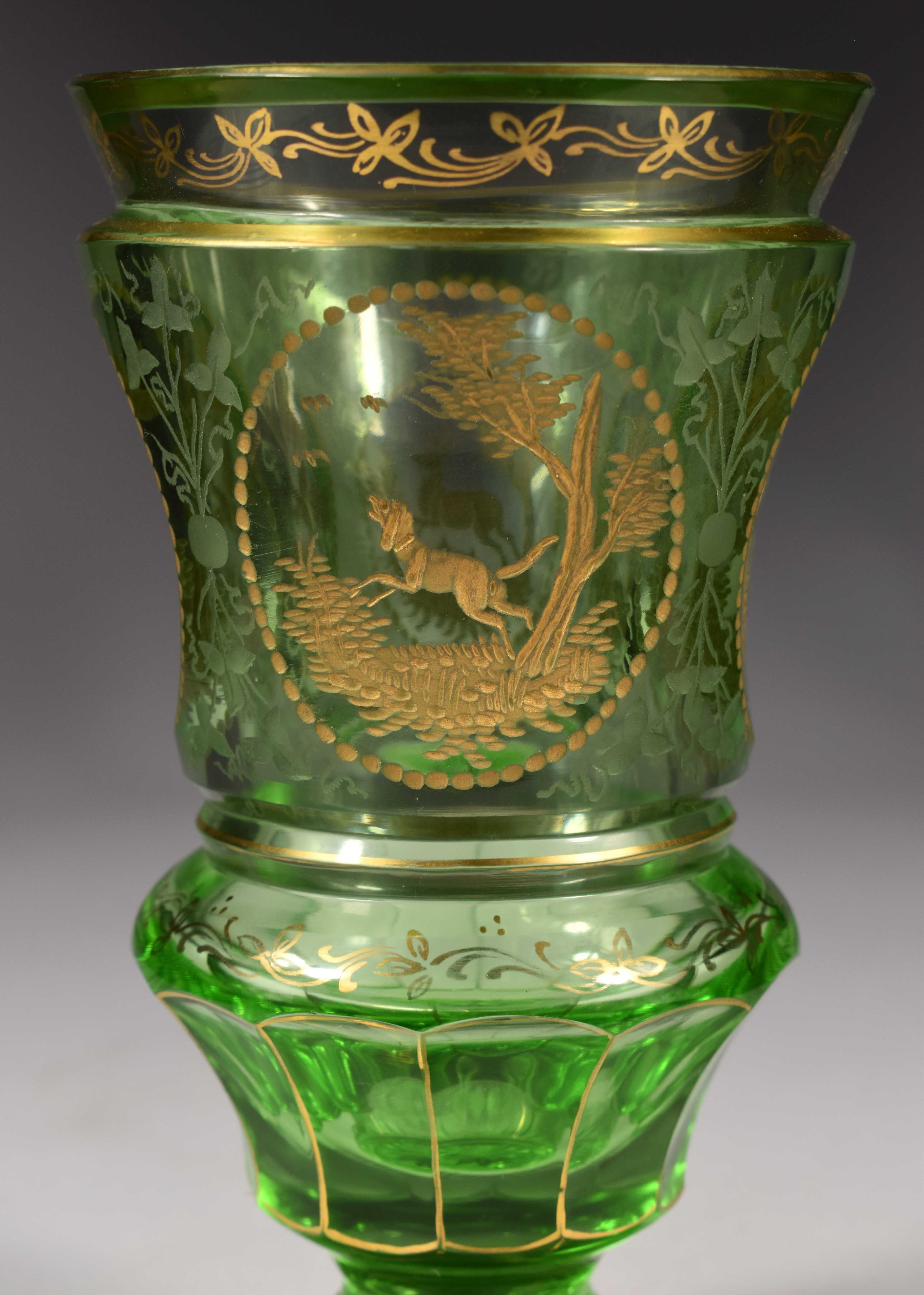 Czech Green Goblet, Bohemian Glass, Engraved and Gilded