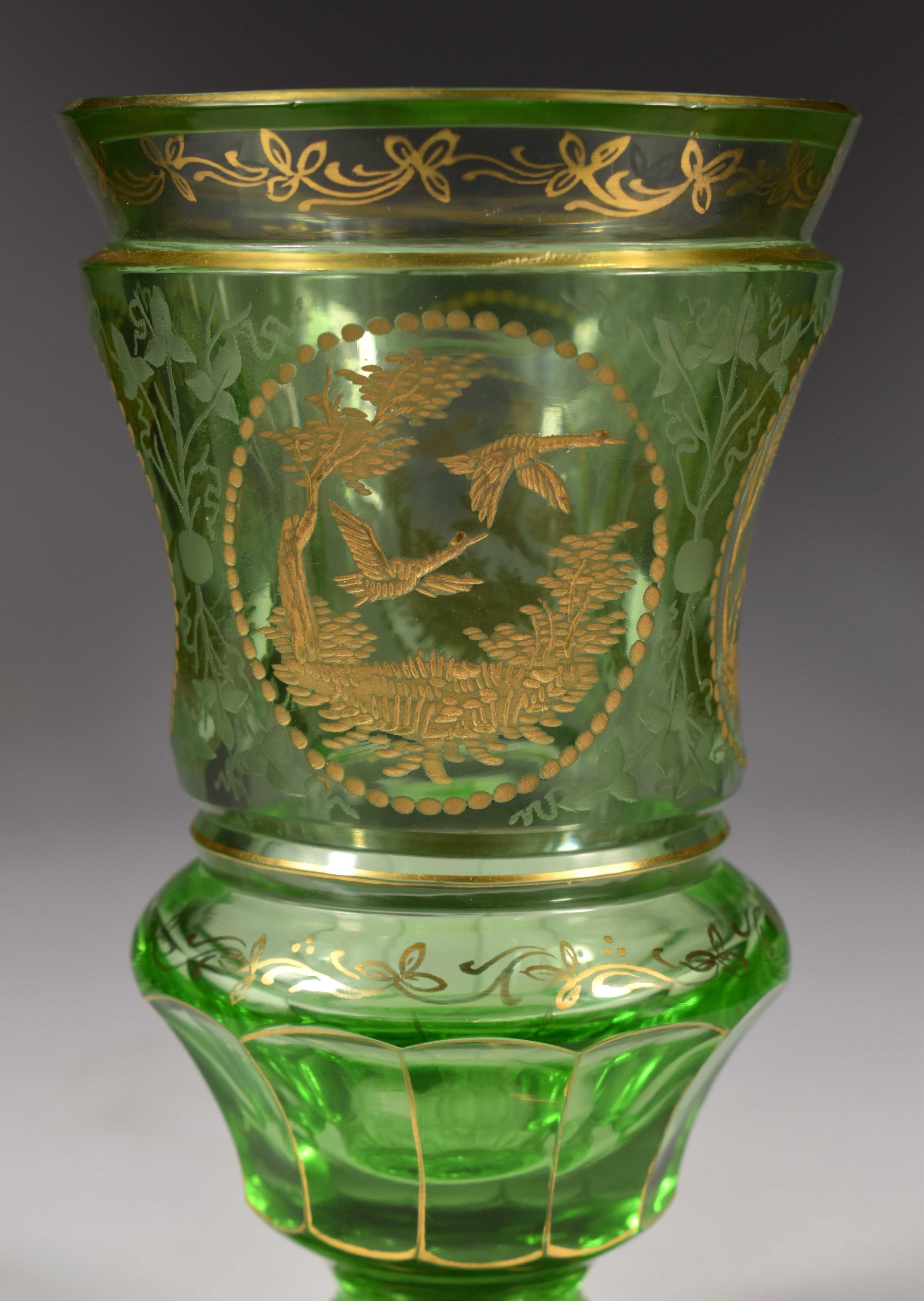 Hand-Crafted Green Goblet, Bohemian Glass, Engraved and Gilded