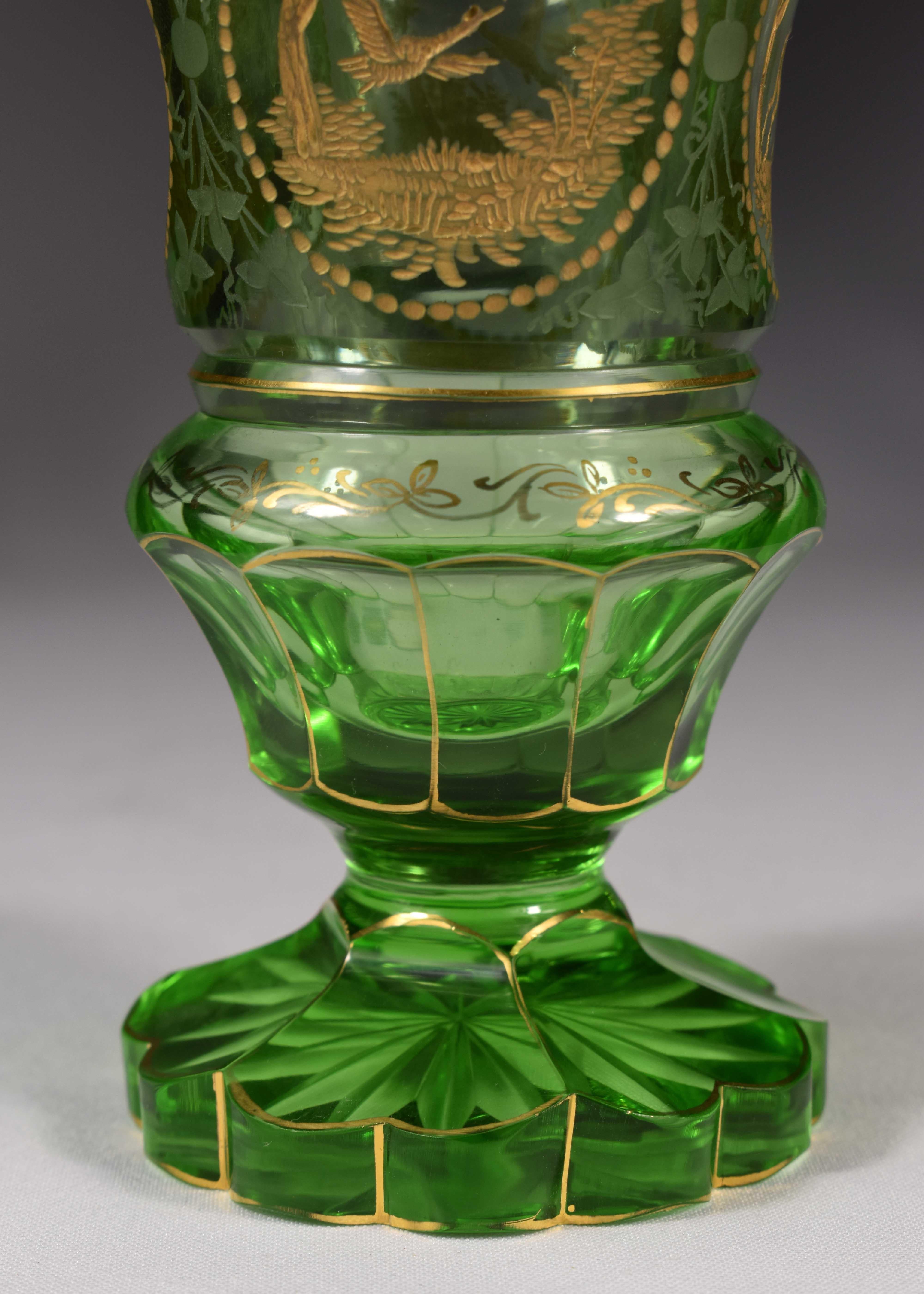 Green Goblet, Bohemian Glass, Engraved and Gilded In Good Condition In Nový Bor, CZ