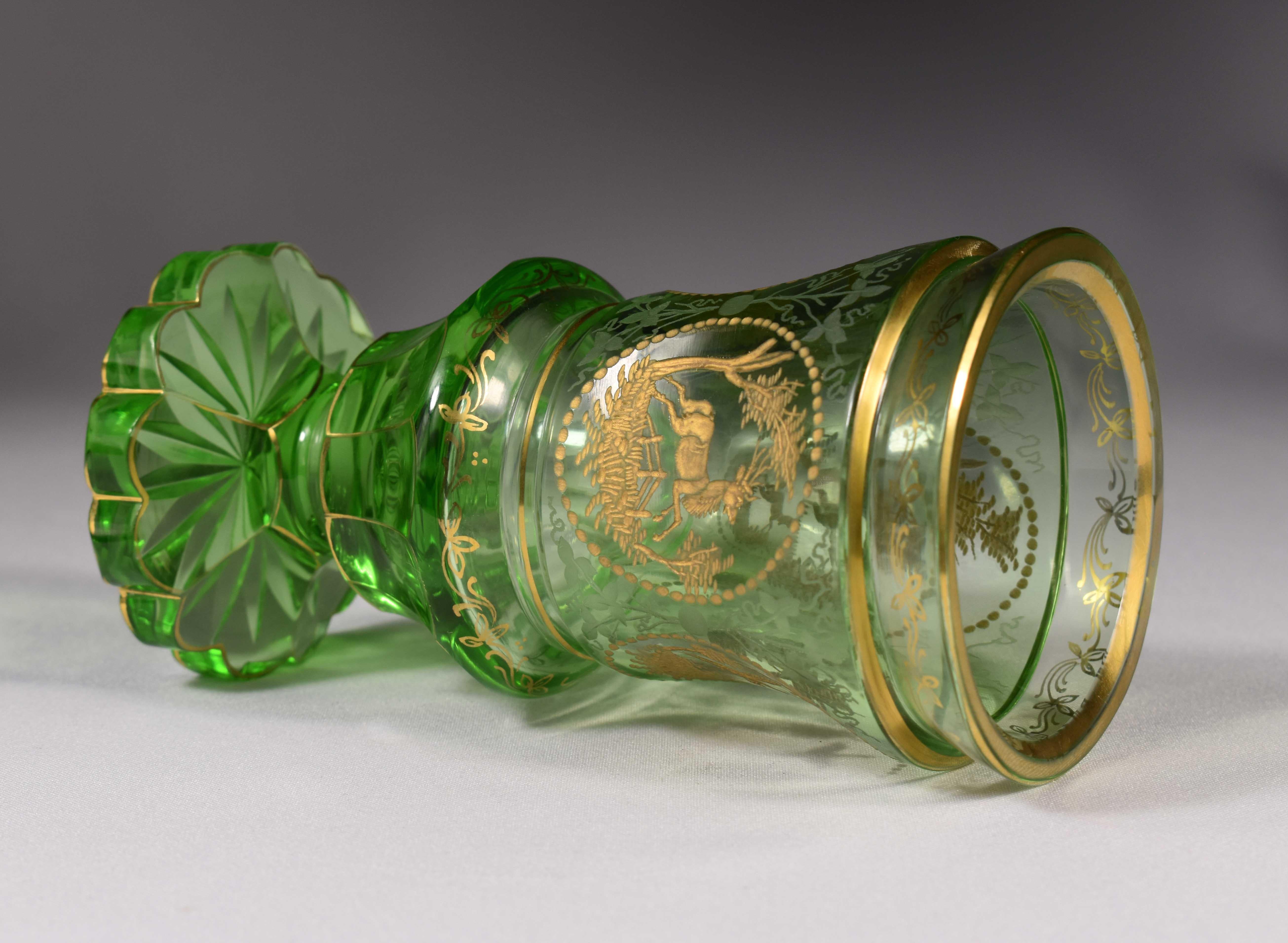 20th Century Green Goblet, Bohemian Glass, Engraved and Gilded