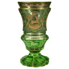 Vintage Green Goblet, Bohemian Glass, Engraved and Gilded