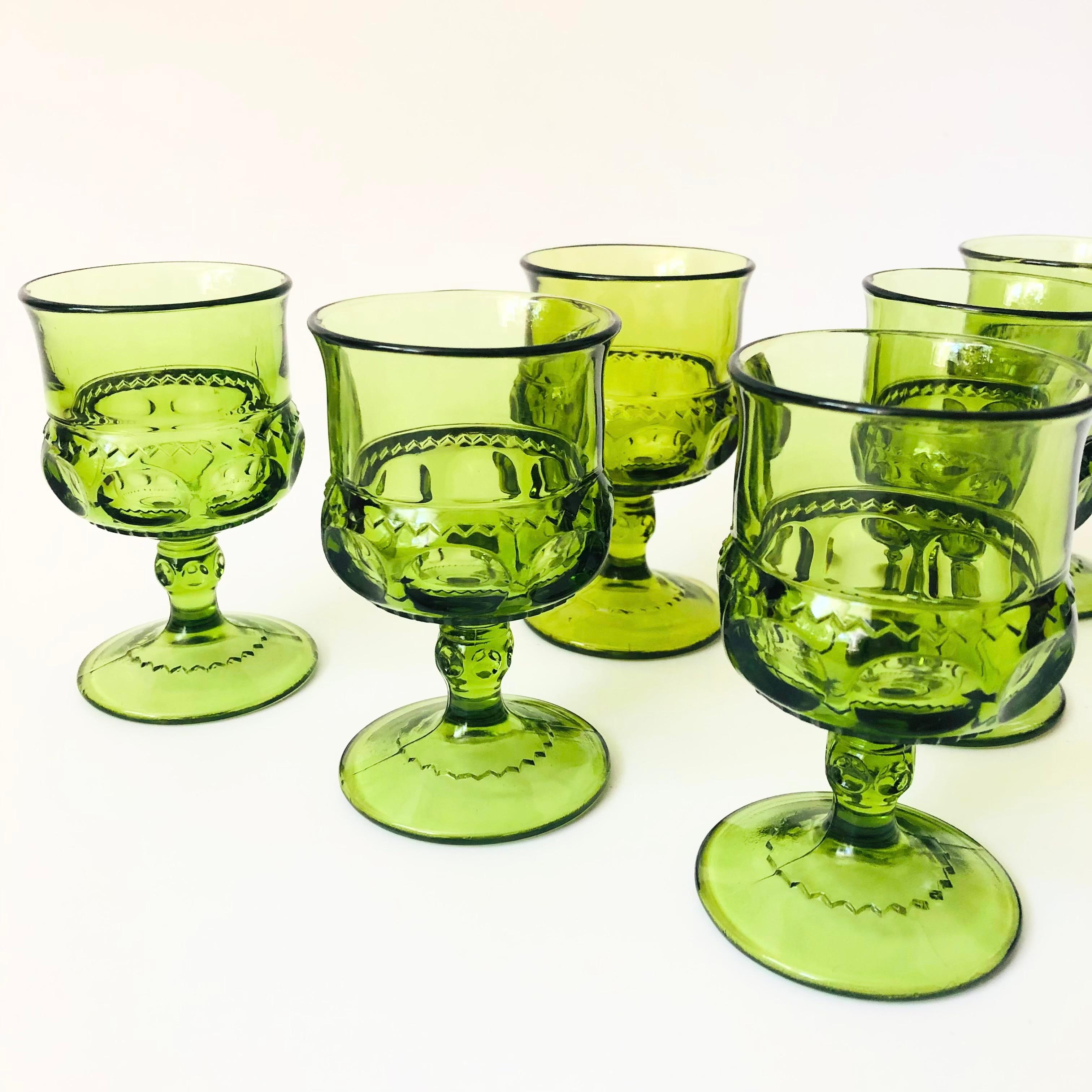 Mid-Century Modern Green Goblets - Kings Crown by Indiana Glass - Set of 6