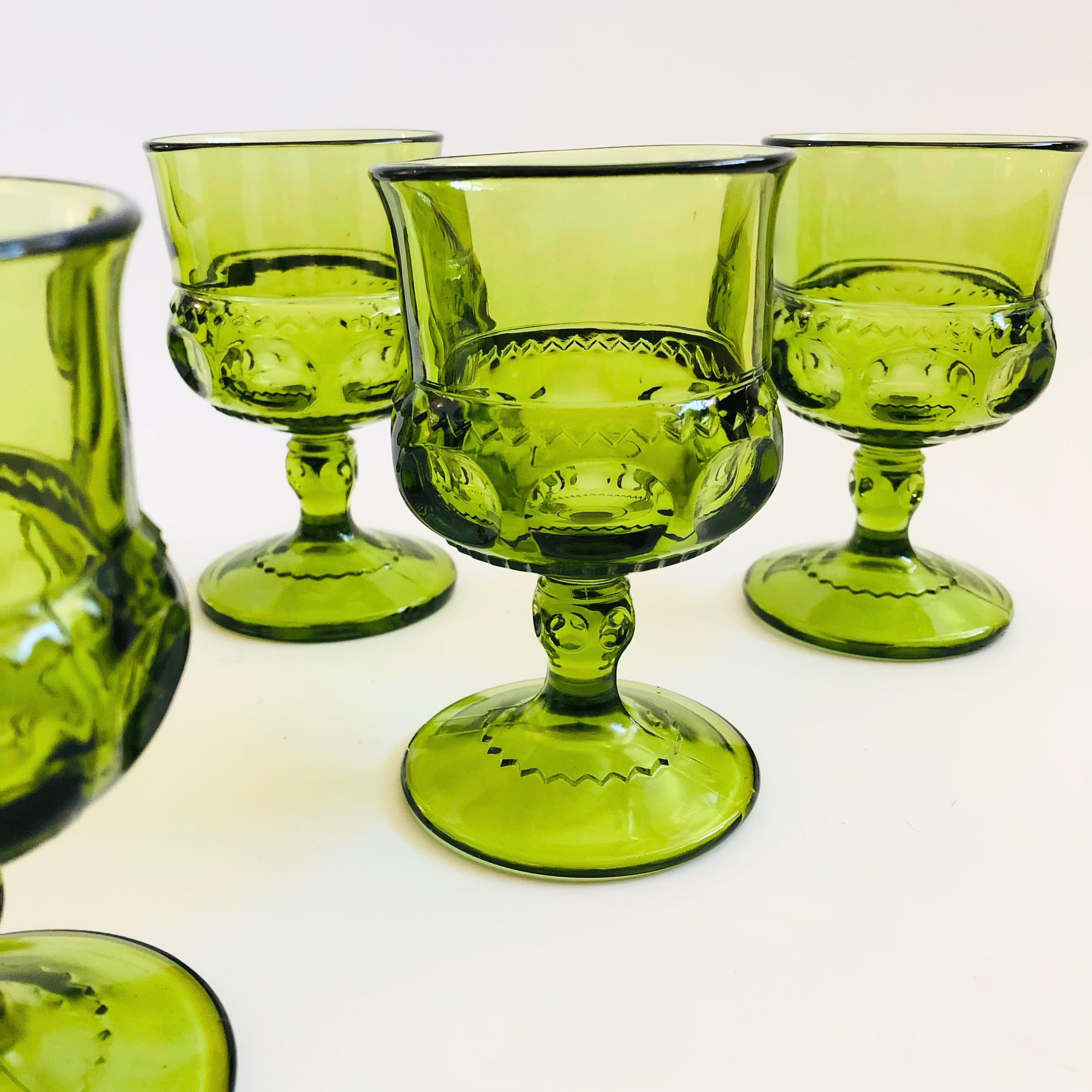 Mid-Century Modern Gobelets verts Kings Crown par Indiana Glass - Lot de 6 en vente