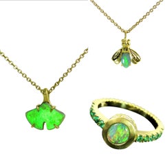 Green Goddess Galactic Ring in Australian Opal, Emeralds and Diamonds Gold Ring