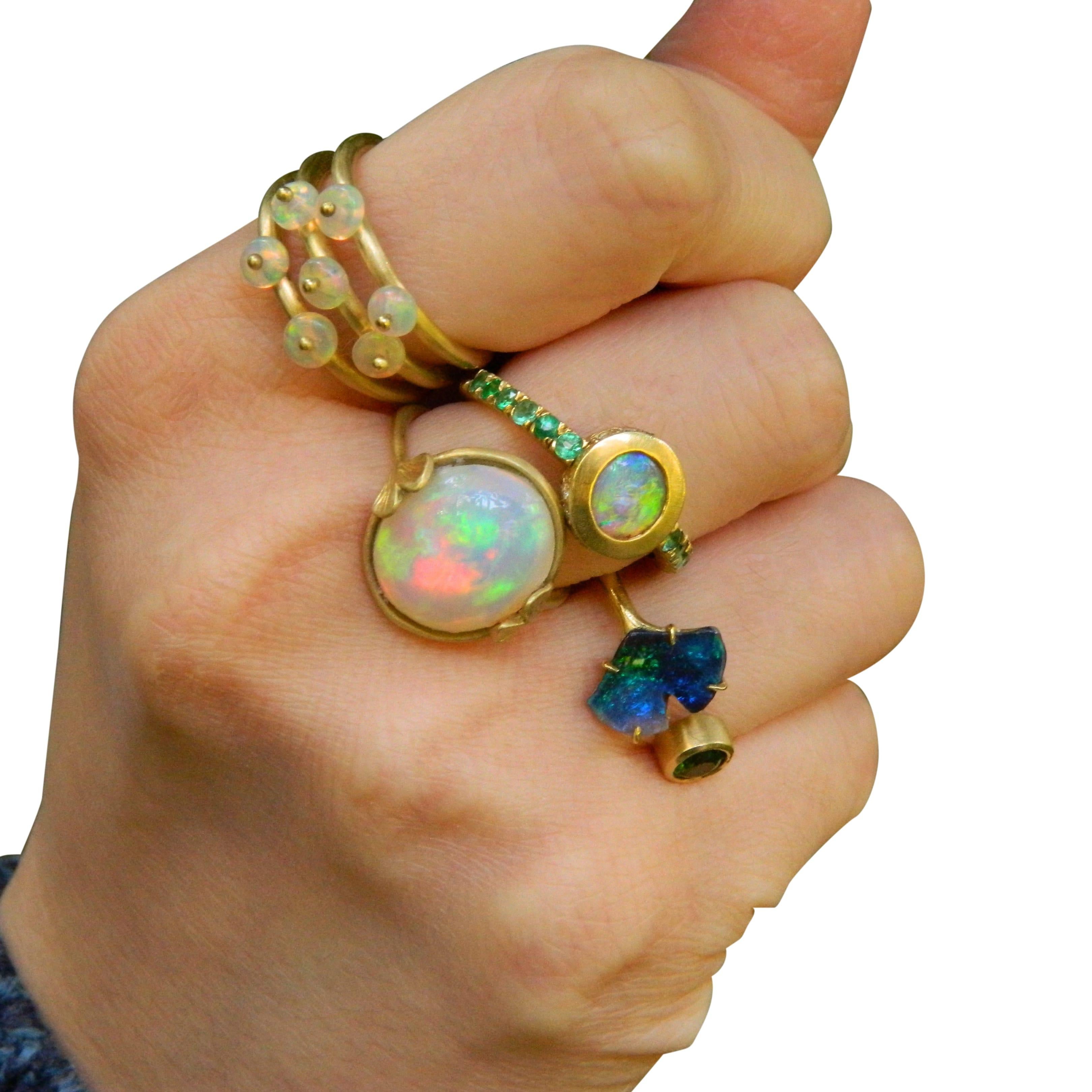 Modern Green Goddess Galactic Ring in Australian Opal, Emeralds and Diamonds Gold Ring For Sale