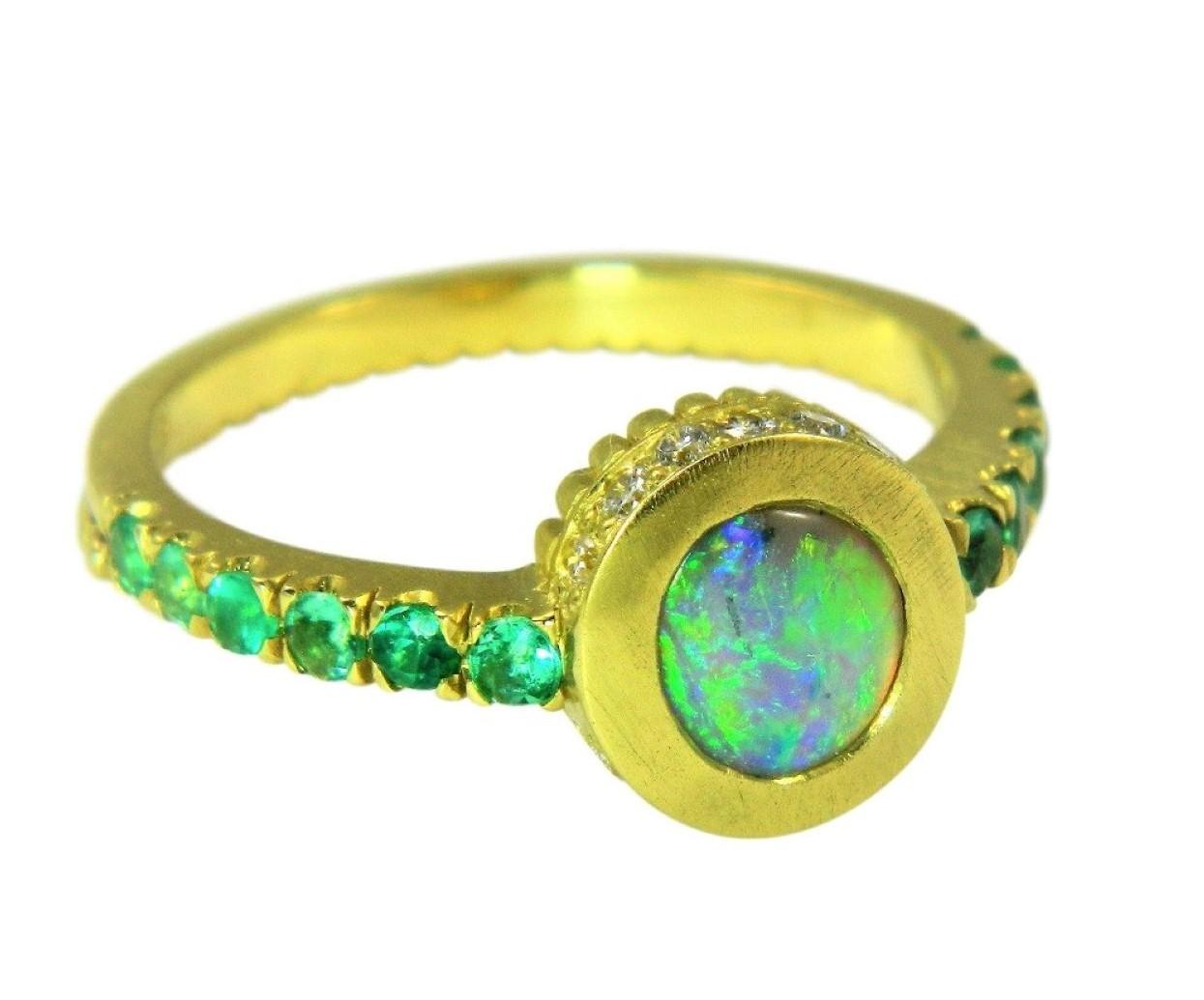 Round Cut Green Goddess Galactic Ring in Australian Opal, Emeralds and Diamonds Gold Ring For Sale