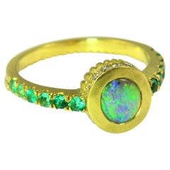 Green Goddess Galactic Ring in Australian Opal, Emeralds and Diamonds Gold Ring