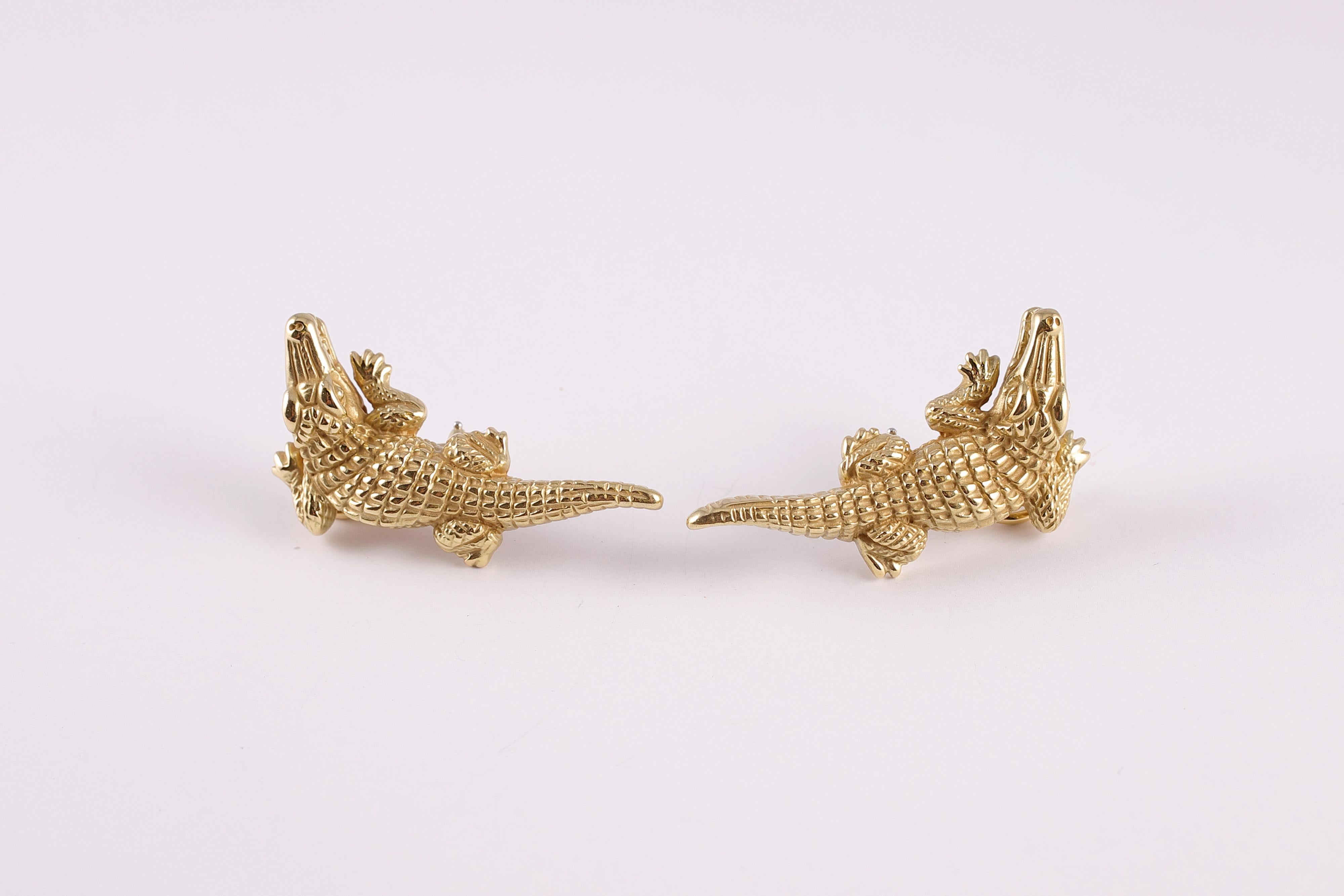 Women's or Men's Green Gold Alligator Earrings by Kieselstein-Cord