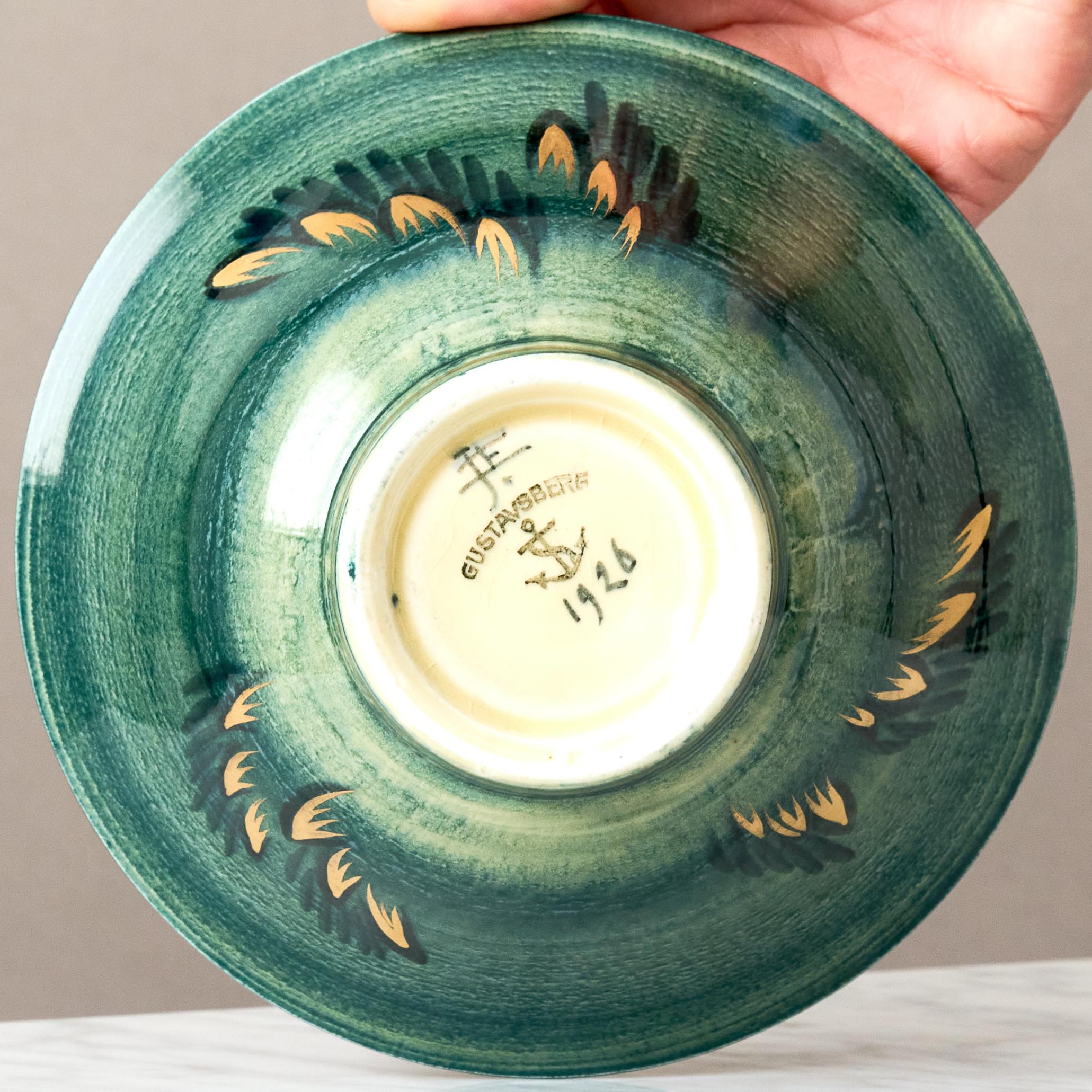 Cuenco de reflejo metálico Art Decó verde y dorado de Josef Ekberg para Gustavsberg, Suecia, 1926. Cerámico en venta