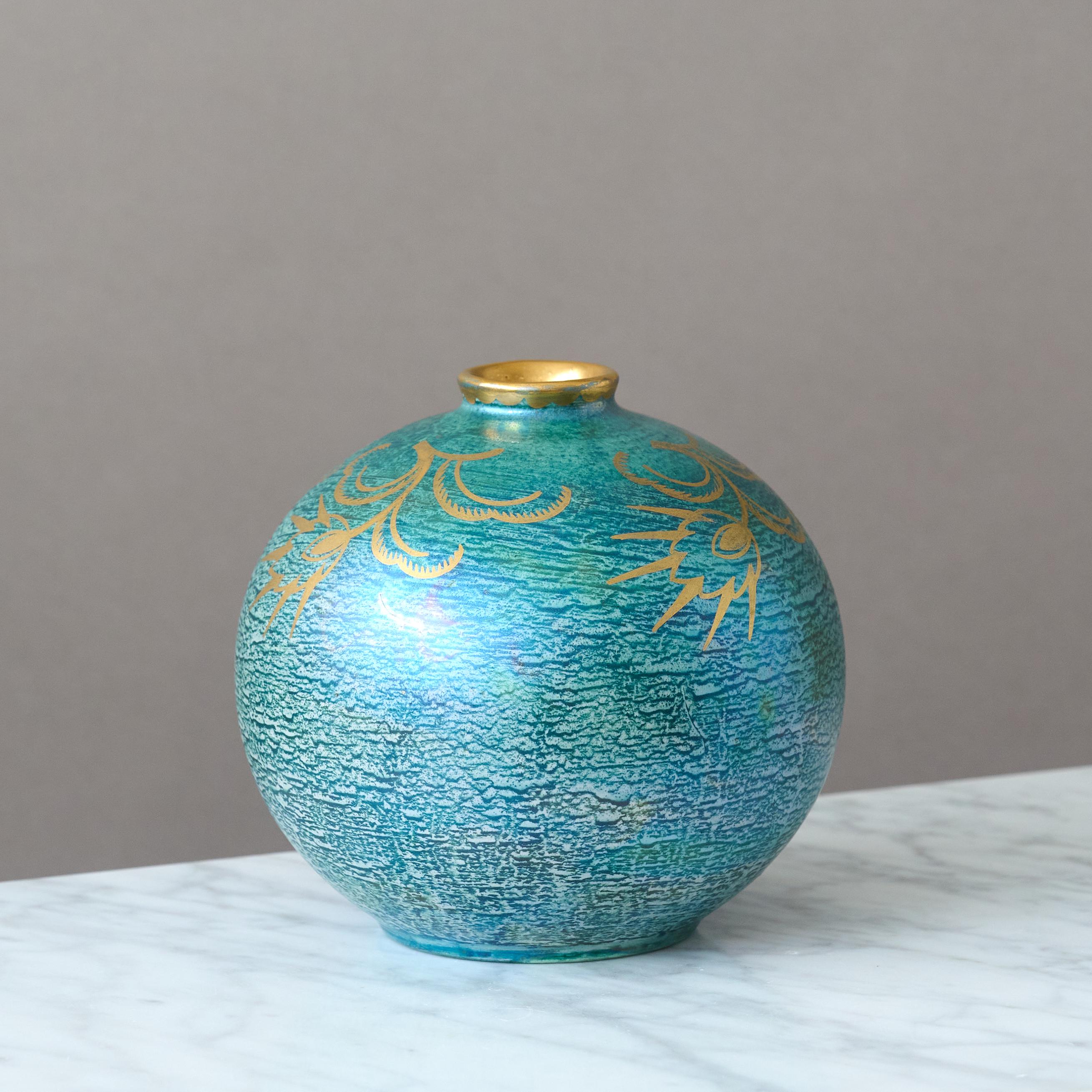 Art Déco Vaso a lustro Art Deco verde e oro di Josef Ekberg per Gustavsberg, Svezia, anni '20 in vendita
