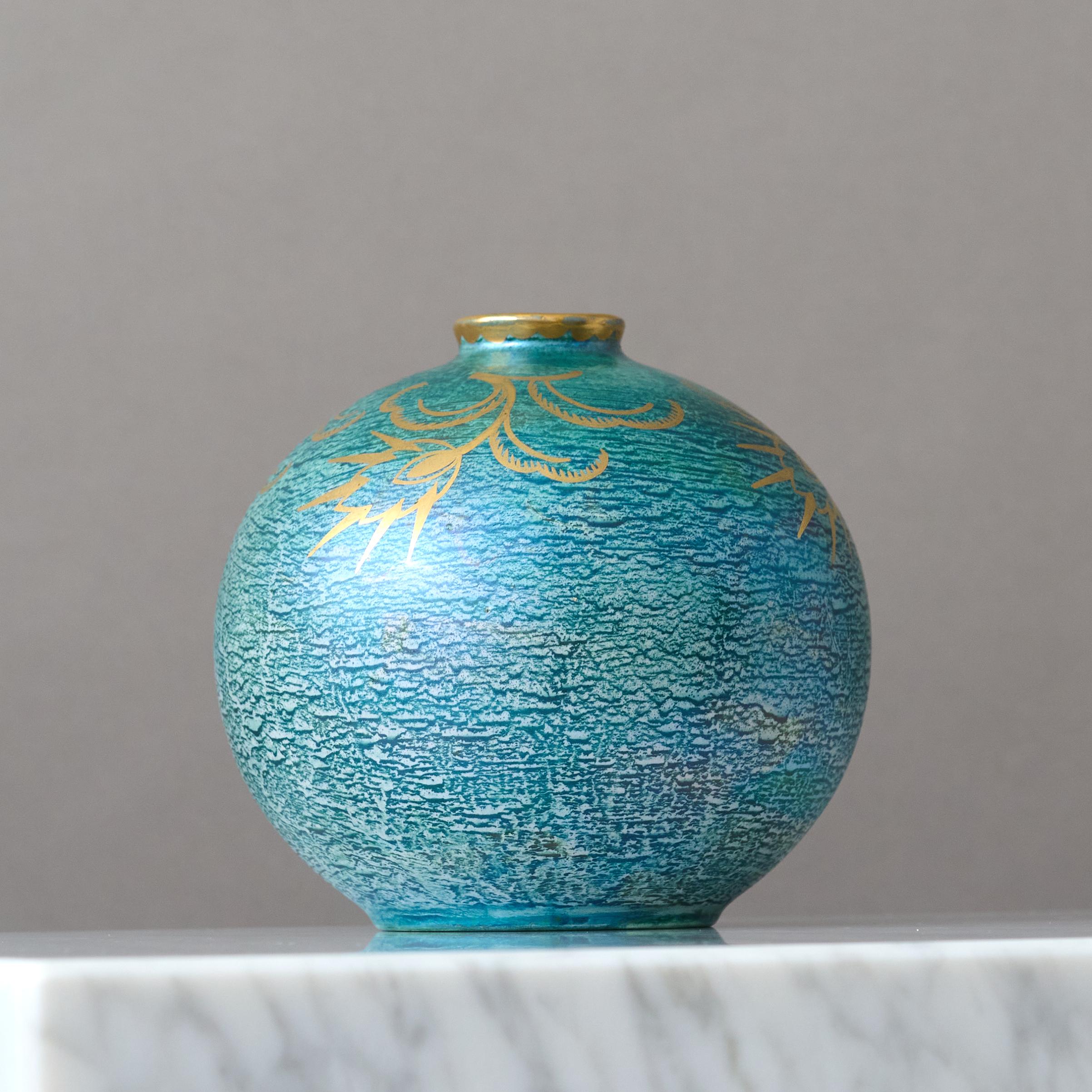 Vaso a lustro Art Deco verde e oro di Josef Ekberg per Gustavsberg, Svezia, anni '20 in vendita 1