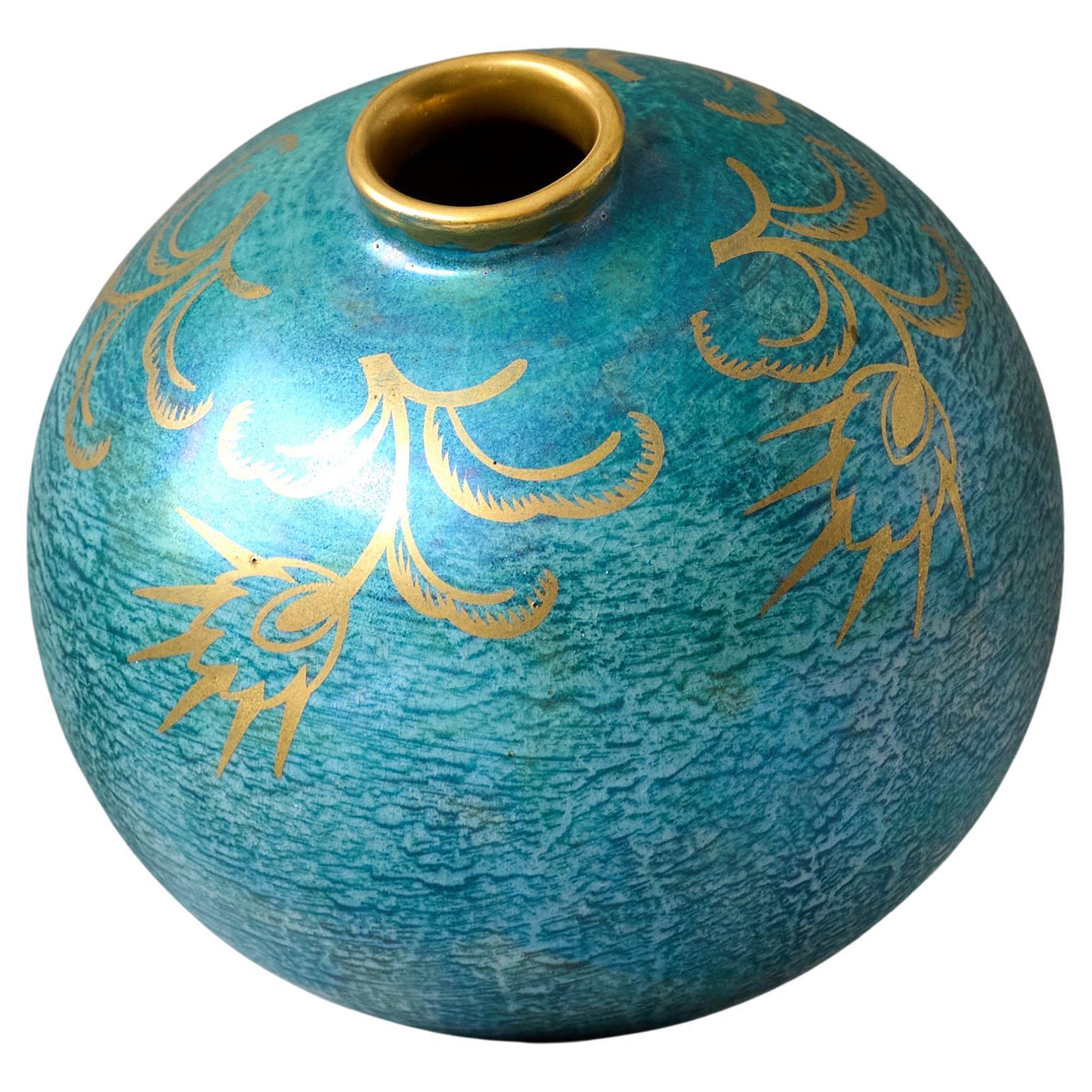 Vaso a lustro Art Deco verde e oro di Josef Ekberg per Gustavsberg, Svezia, anni '20