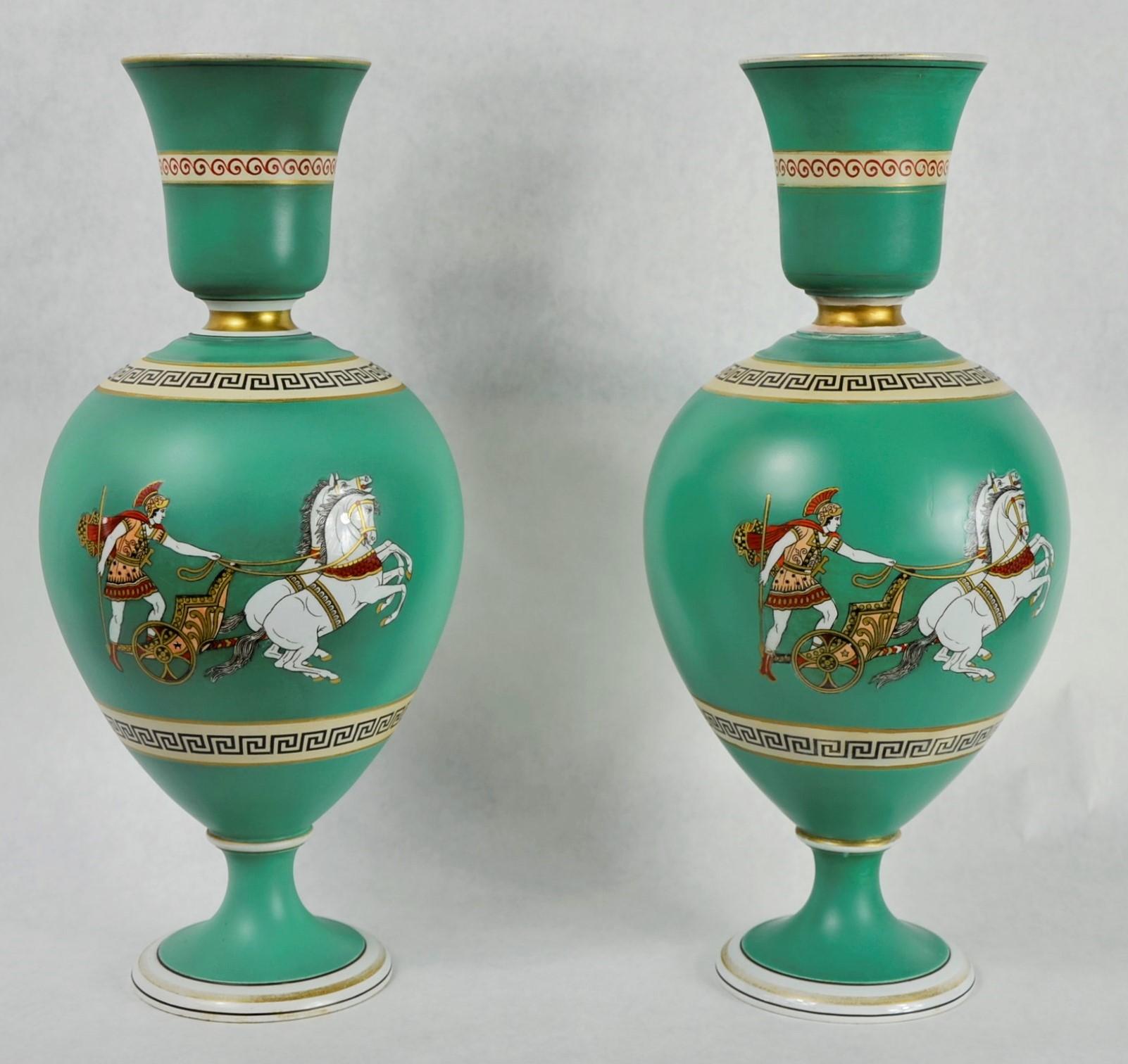 Offered is a pair of signed F & R Pratt Earthenware Grecian or Roman themed Greek key vases or urns. This pair of urns or vases are in impeccable condition and the modern clean Greek key design and Grecian theme is so on trend. The shades of green