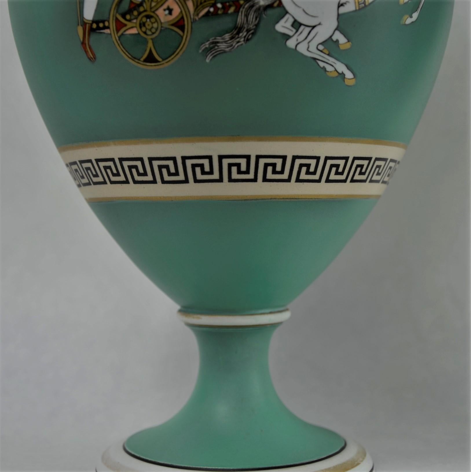 Neoclassical Revival Green, Gold & Black Earthenware Grecian/Roman Themed Greek Key Vases/Urns, Pair For Sale
