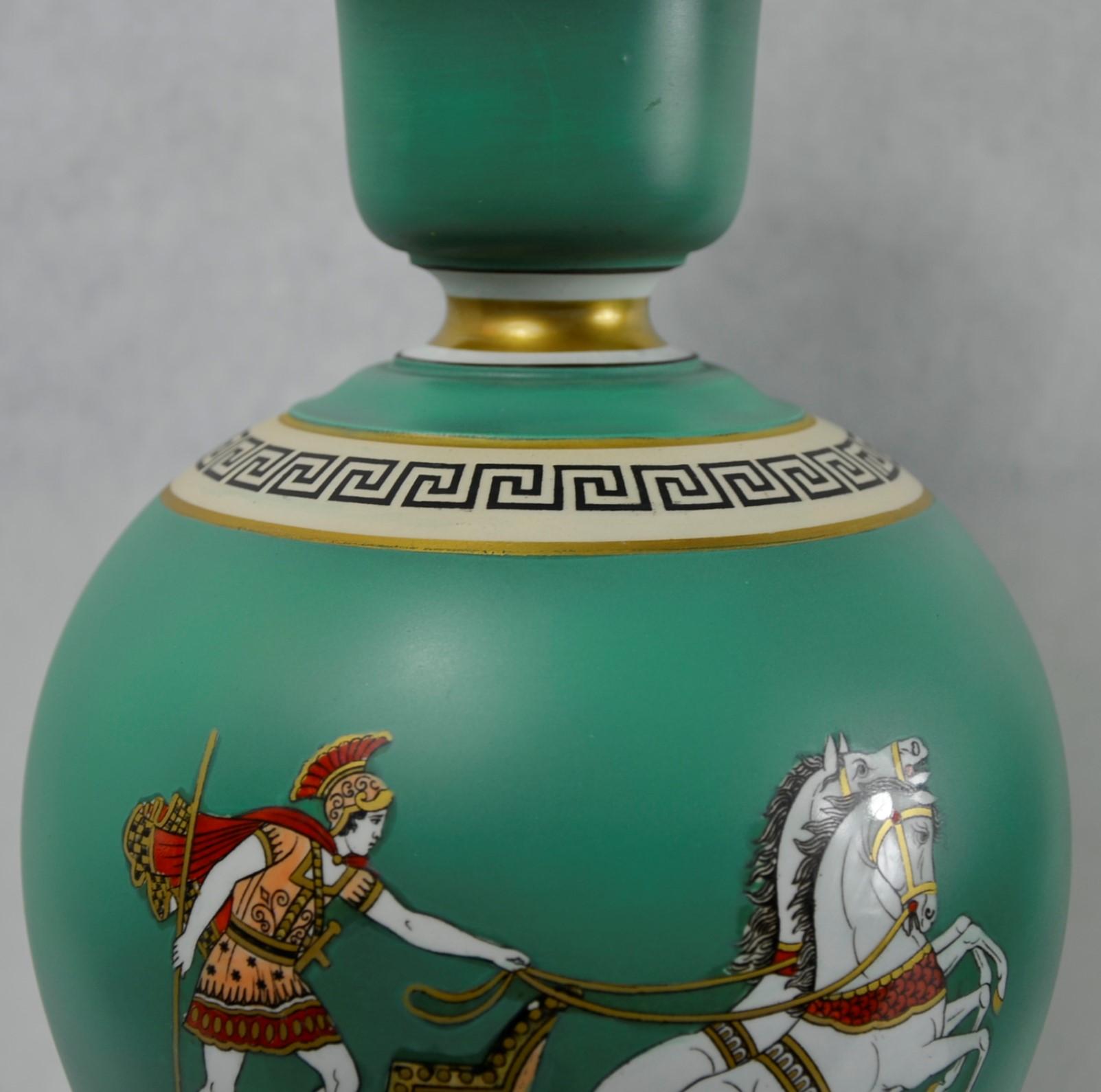 Glazed Green, Gold & Black Earthenware Grecian/Roman Themed Greek Key Vases/Urns, Pair For Sale