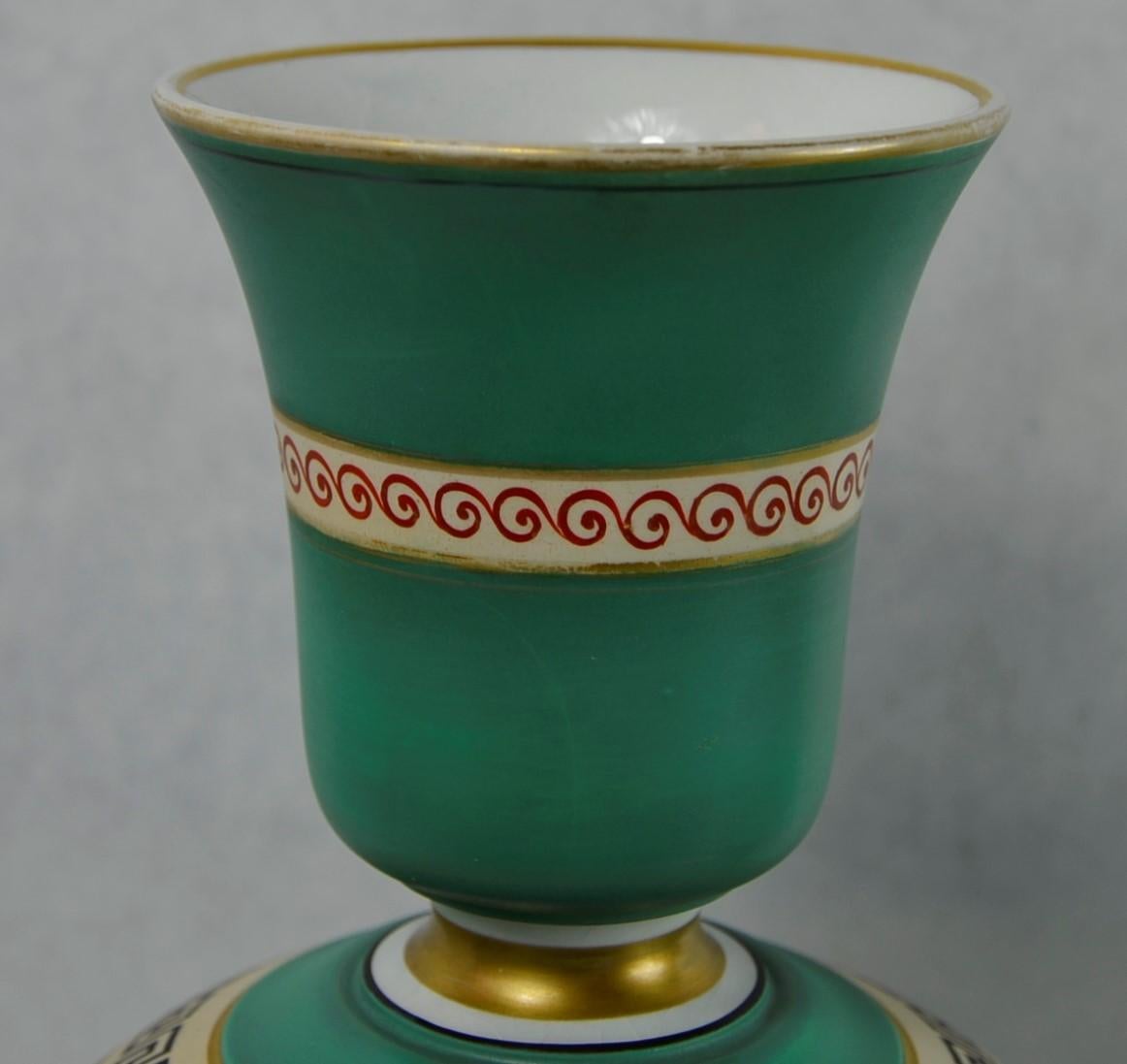 Porcelain Green, Gold & Black Earthenware Grecian/Roman Themed Greek Key Vases/Urns, Pair For Sale
