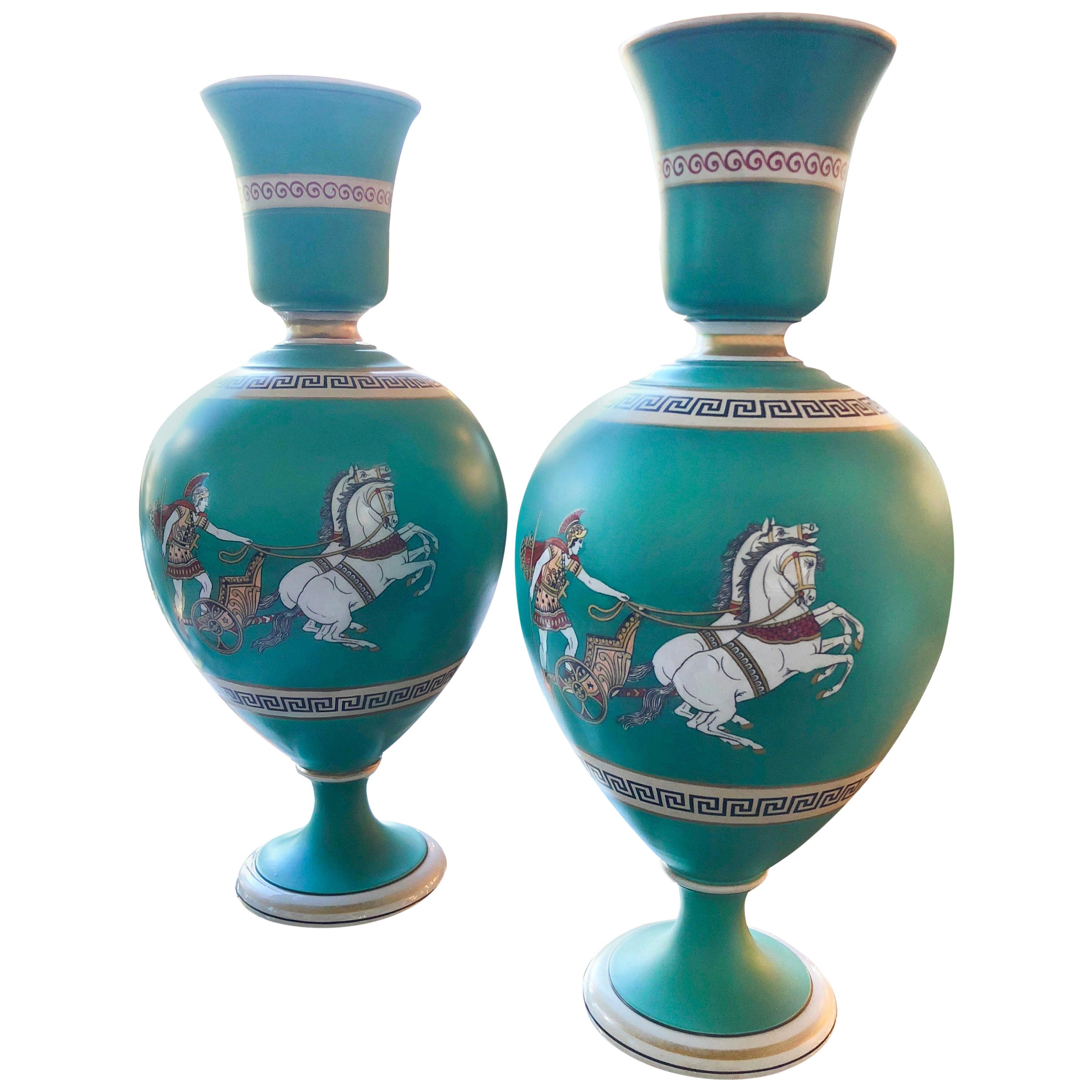 Green, Gold & Black Earthenware Grecian/Roman Themed Greek Key Vases/Urns, Pair For Sale