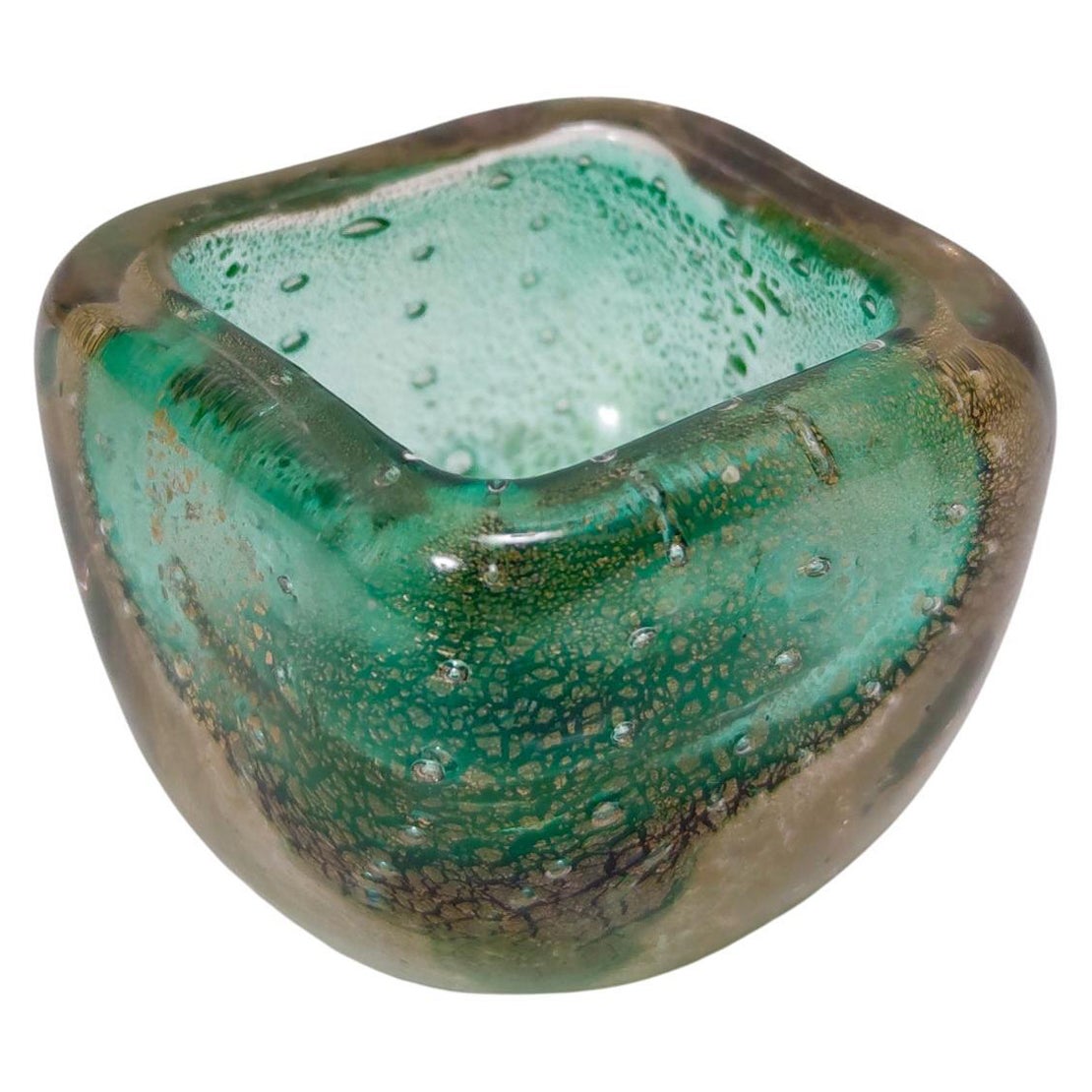 Green Gold Flecked Sommerso Glass Bonbonnière / Trinket Bowl by Venini, Italy