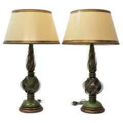 Green & Gold Hand Blown Murano Glass Lamps w/ Shades