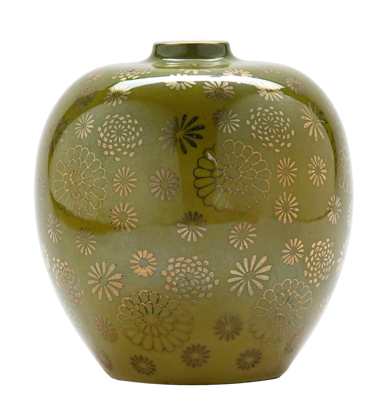 Fired Green & Gold Hand Painted Japanese Bud Vase For Sale