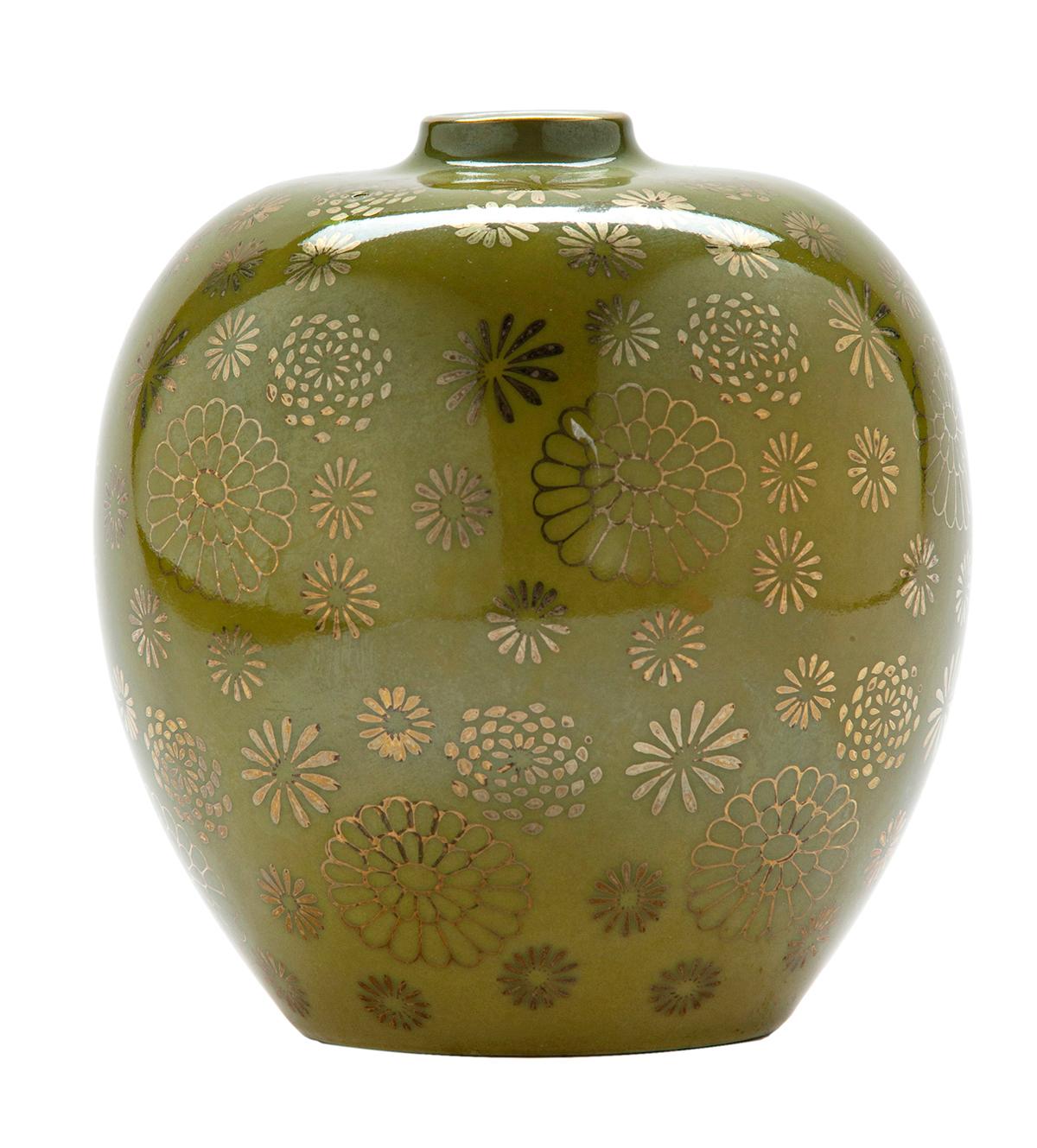 Fired Green & Gold Hand Painted Japanese Bud Vase