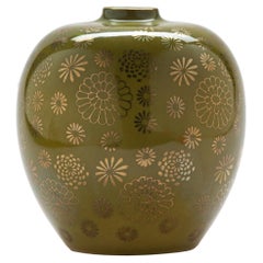 Green & Gold Hand Painted Japanese Bud Vase