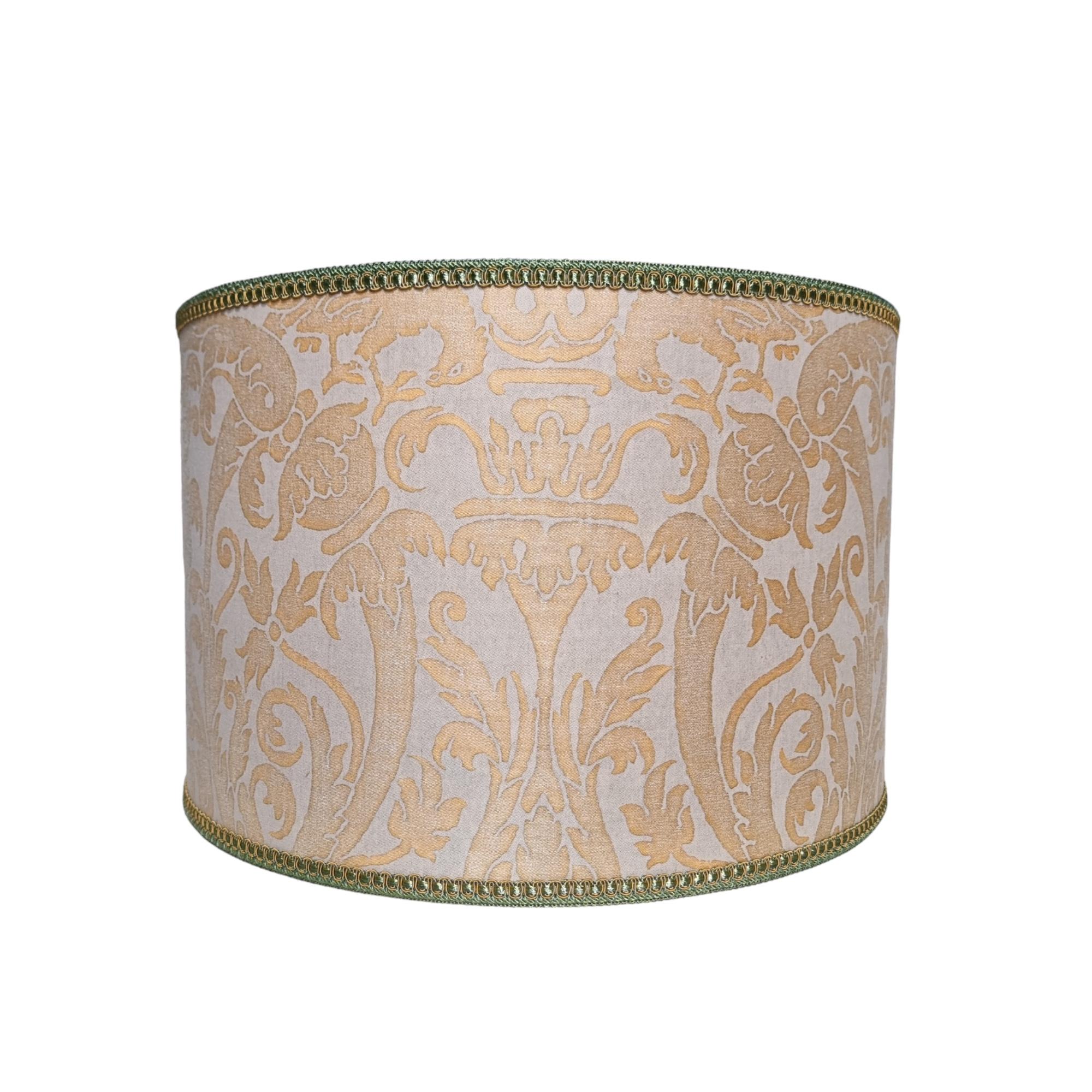 Green & Gold Leaf Lacquered Turned Wood Table Lamp with Fortuny Fabric Lampshade For Sale 4