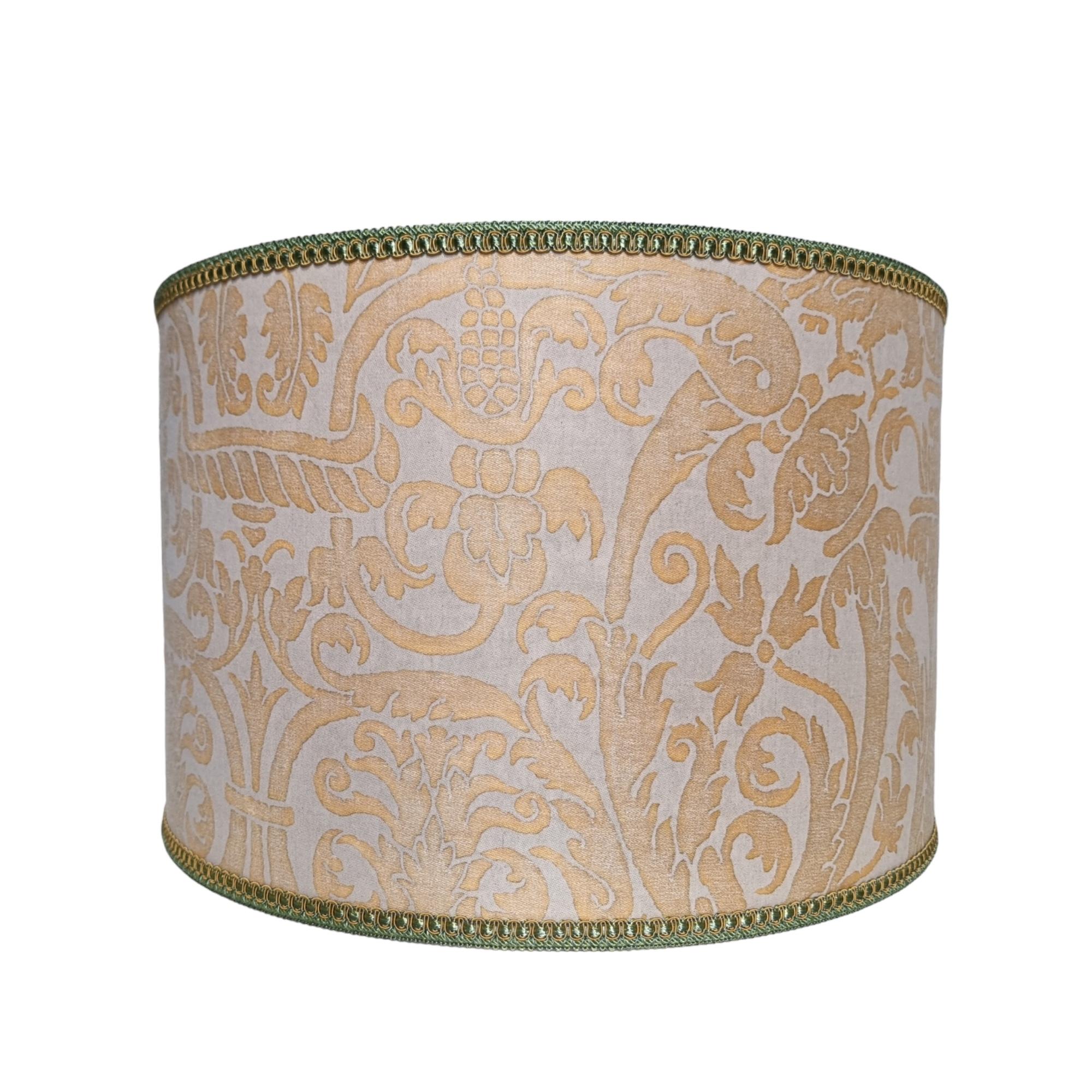 Green & Gold Leaf Lacquered Turned Wood Table Lamp with Fortuny Fabric Lampshade For Sale 5