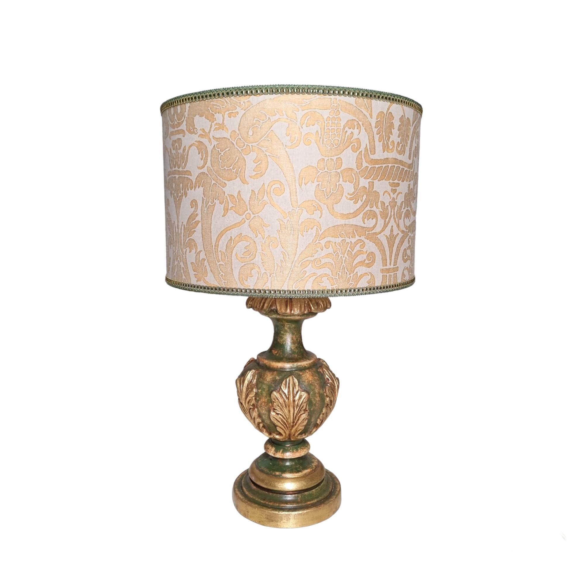 Italian Green & Gold Leaf Lacquered Turned Wood Table Lamp with Fortuny Fabric Lampshade For Sale