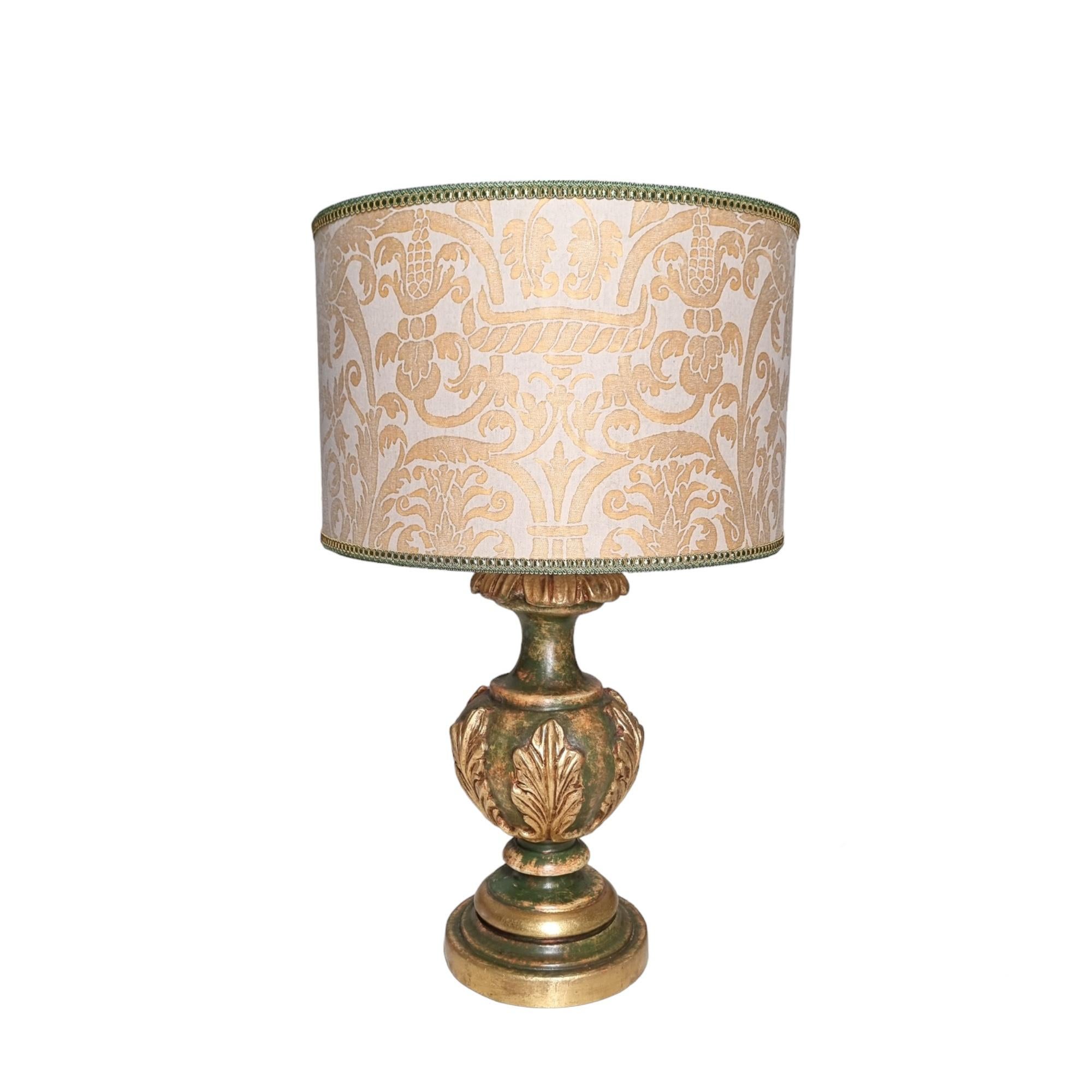 Hand-Crafted Green & Gold Leaf Lacquered Turned Wood Table Lamp with Fortuny Fabric Lampshade For Sale